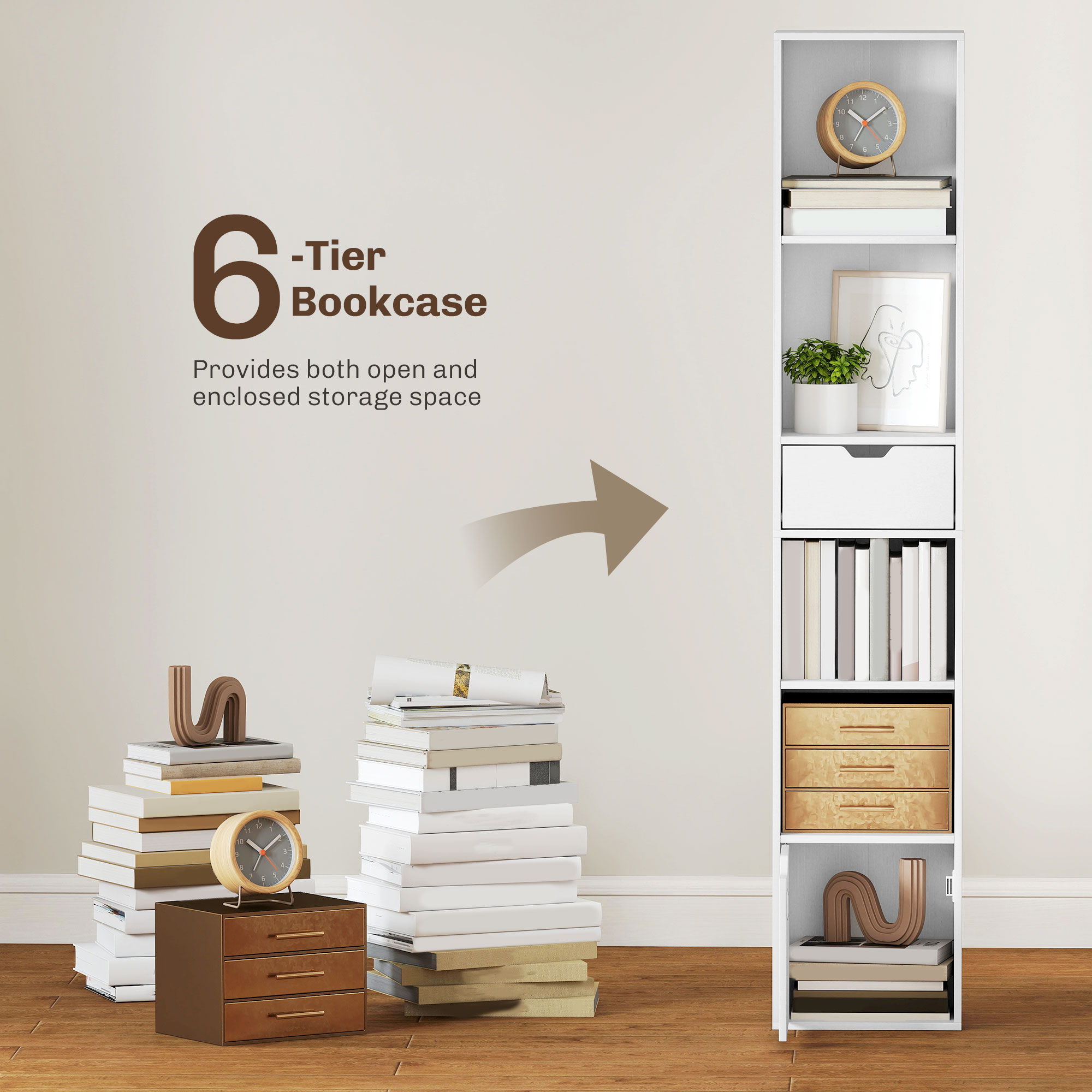 6-Tier Bookcase, Tall Narrow Bookshelf with Drawer and Door, White - Image 2