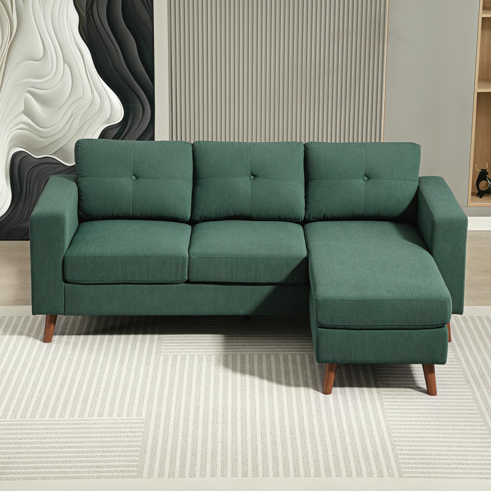 Sectional Sofa with Changeable Chaise Lounge, 3 Seat L-Shaped Sofa, Upholstered Couch for Small Space, Dark Green - Image 5