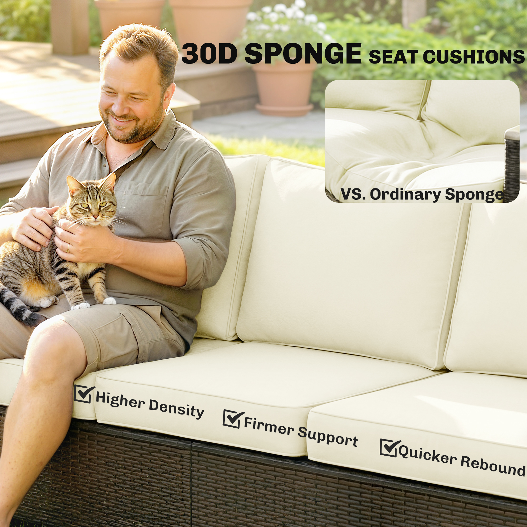 3 Seater Outdoor Couch Sofa, PE Wicker Patio Furniture Couch, Wide Seat, 4" Cushions, Wood-Effect Armrests, Cream White - Image 3