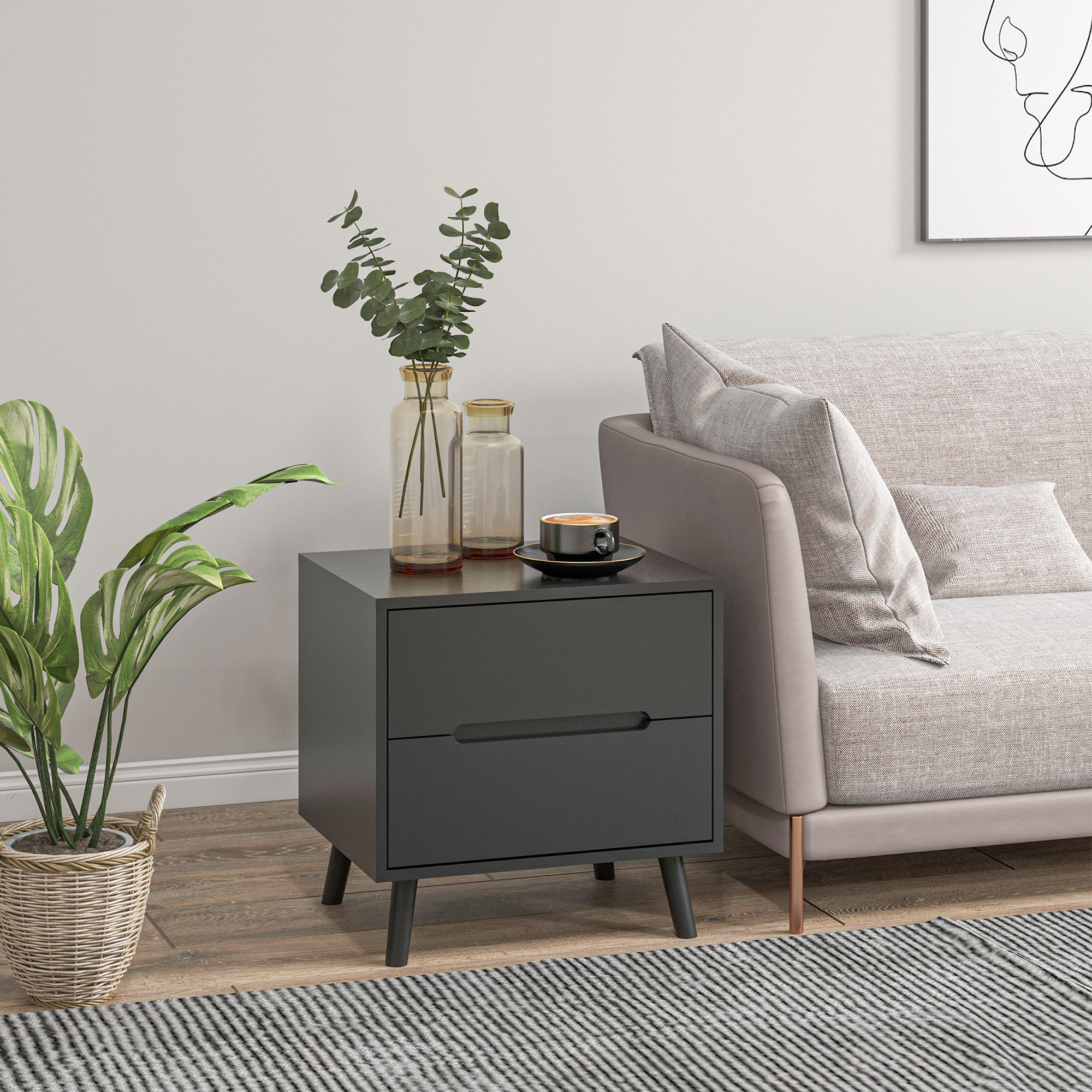 Modern Nightstand, Night Table with 2 Drawers, Bed End Table with Solid Wood Legs for Bedroom - Image 5