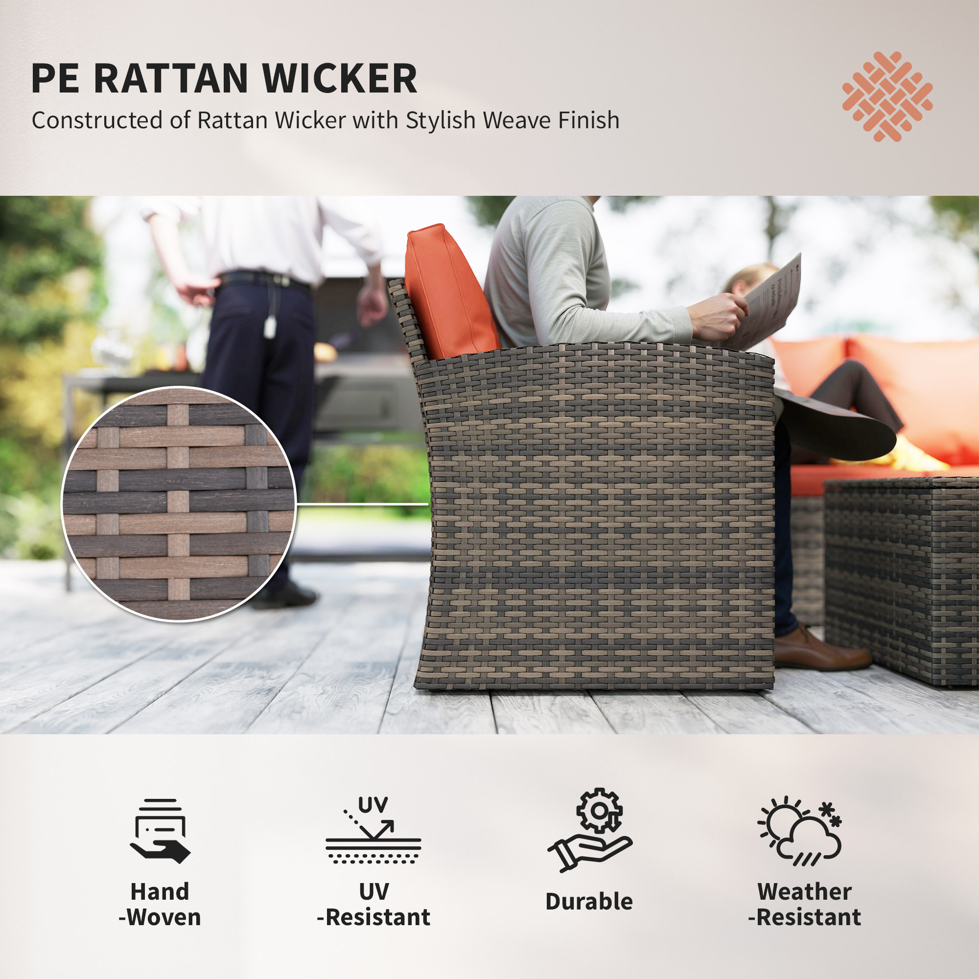 6 Pieces Wicker Patio Furniture Set with Cushions, 7-Seater Rattan Patio Sofa Set with Storage Table, Orange - Image 5