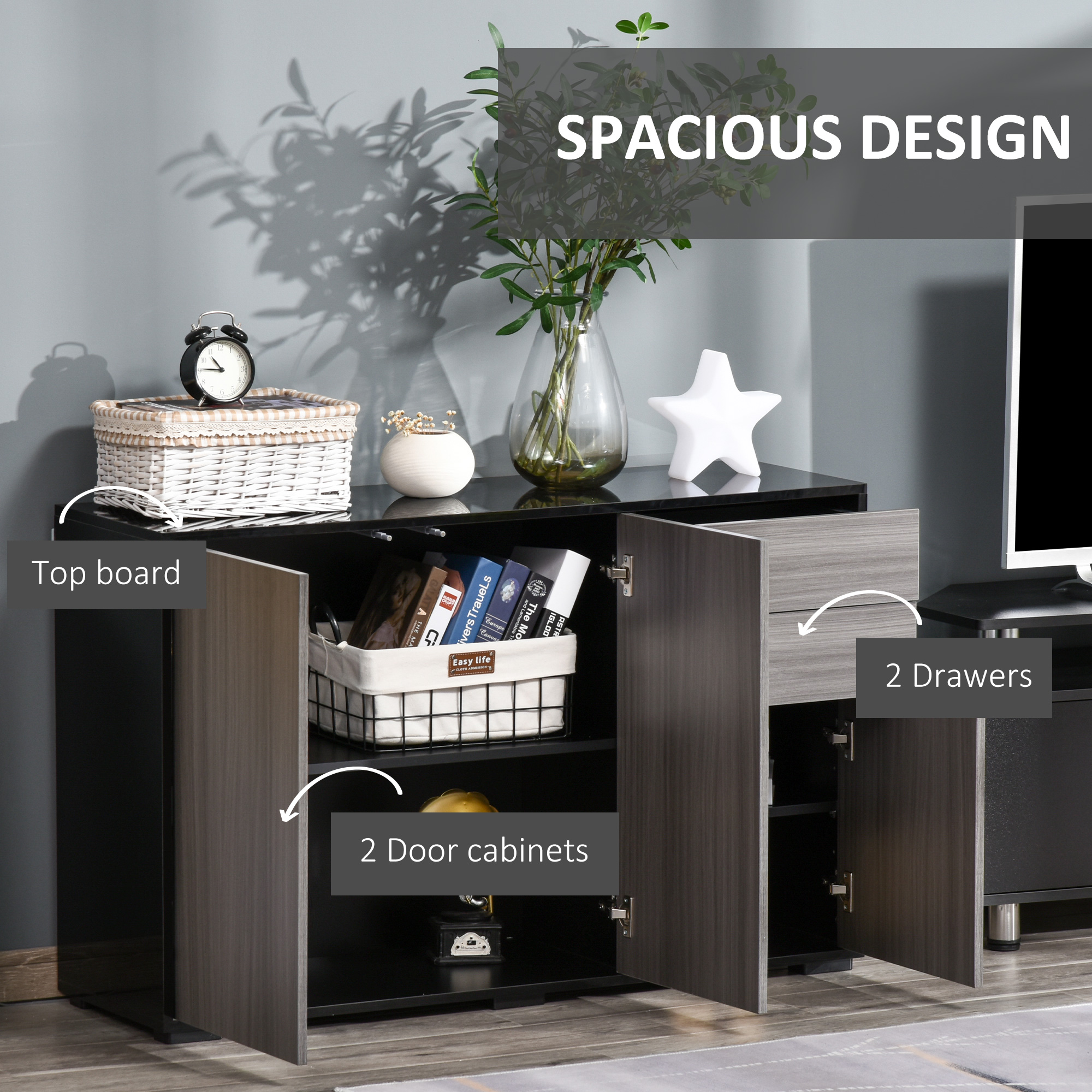 Kitchen Sideboard Storage Cabinet, Modern Coffee Bar with Push-Open Design and 2 Drawers for Living Room, Black - Image 2