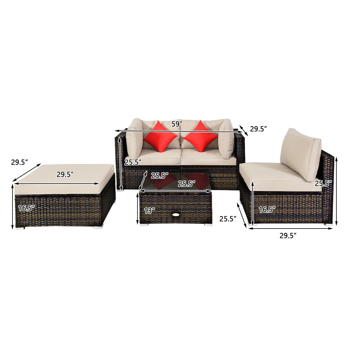 5 Pieces Outdoor Patio Rattan Furniture Set Sectional Conversation with Cushions-Beige - Image 4