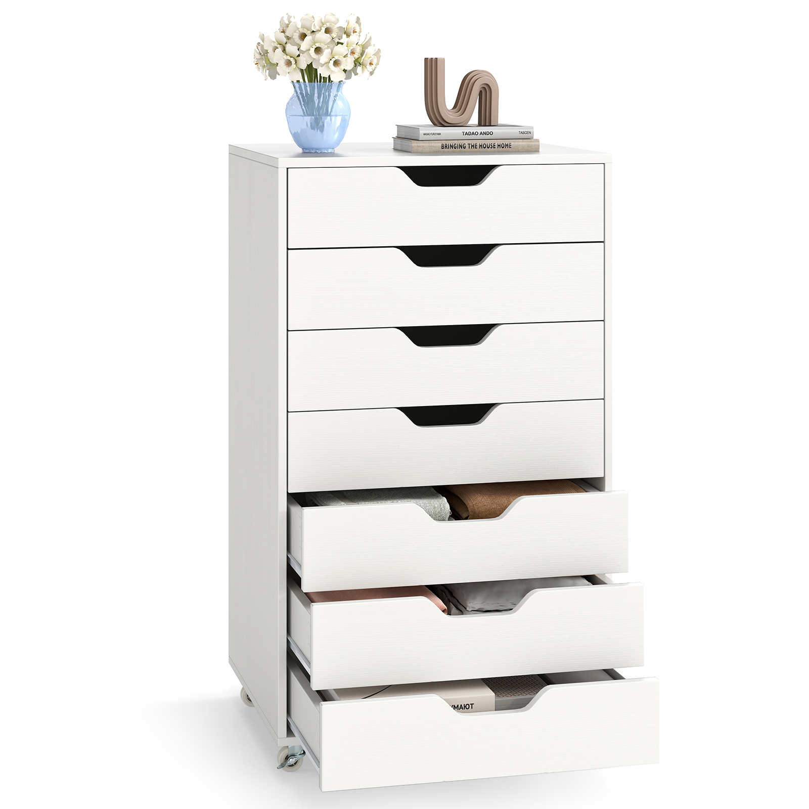7-Drawer Chest Storage Dresser Floor Cabinet Organizer with Wheels-White - Image 3