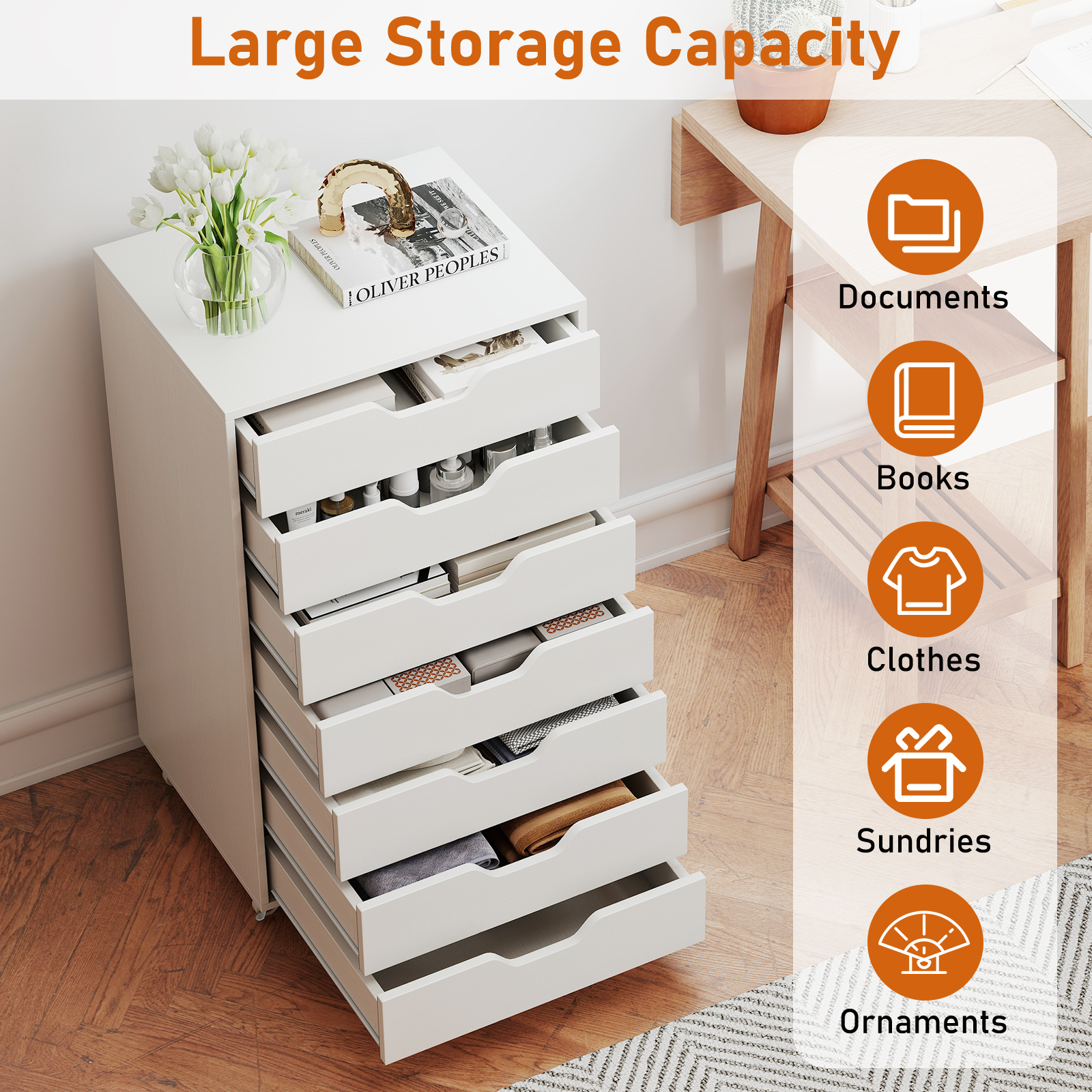 7-Drawer Chest Storage Dresser Floor Cabinet Organizer with Wheels-White - Image 7