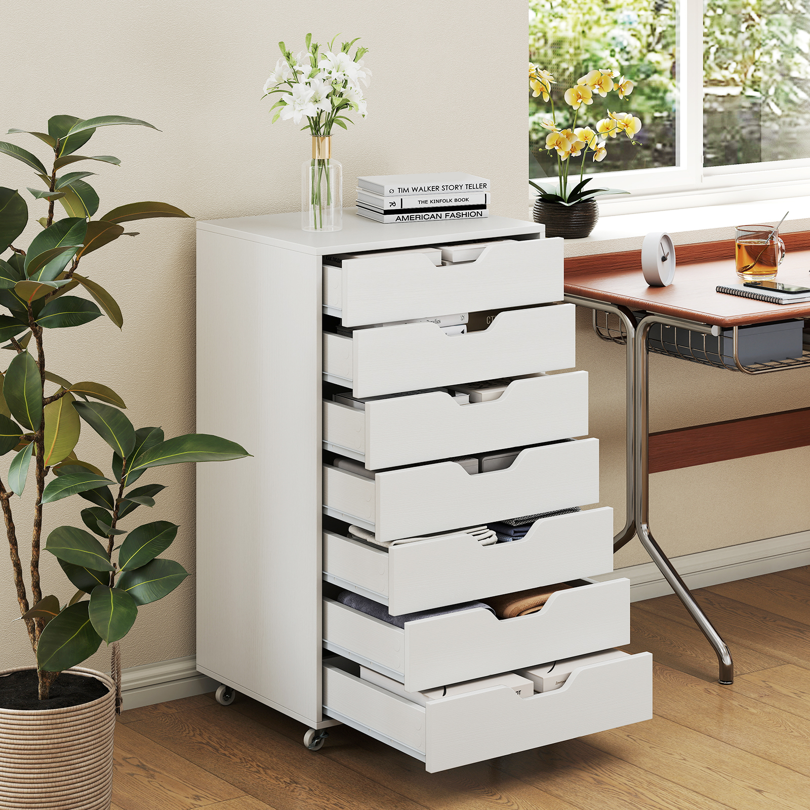 7-Drawer Chest Storage Dresser Floor Cabinet Organizer with Wheels-White - Image 6