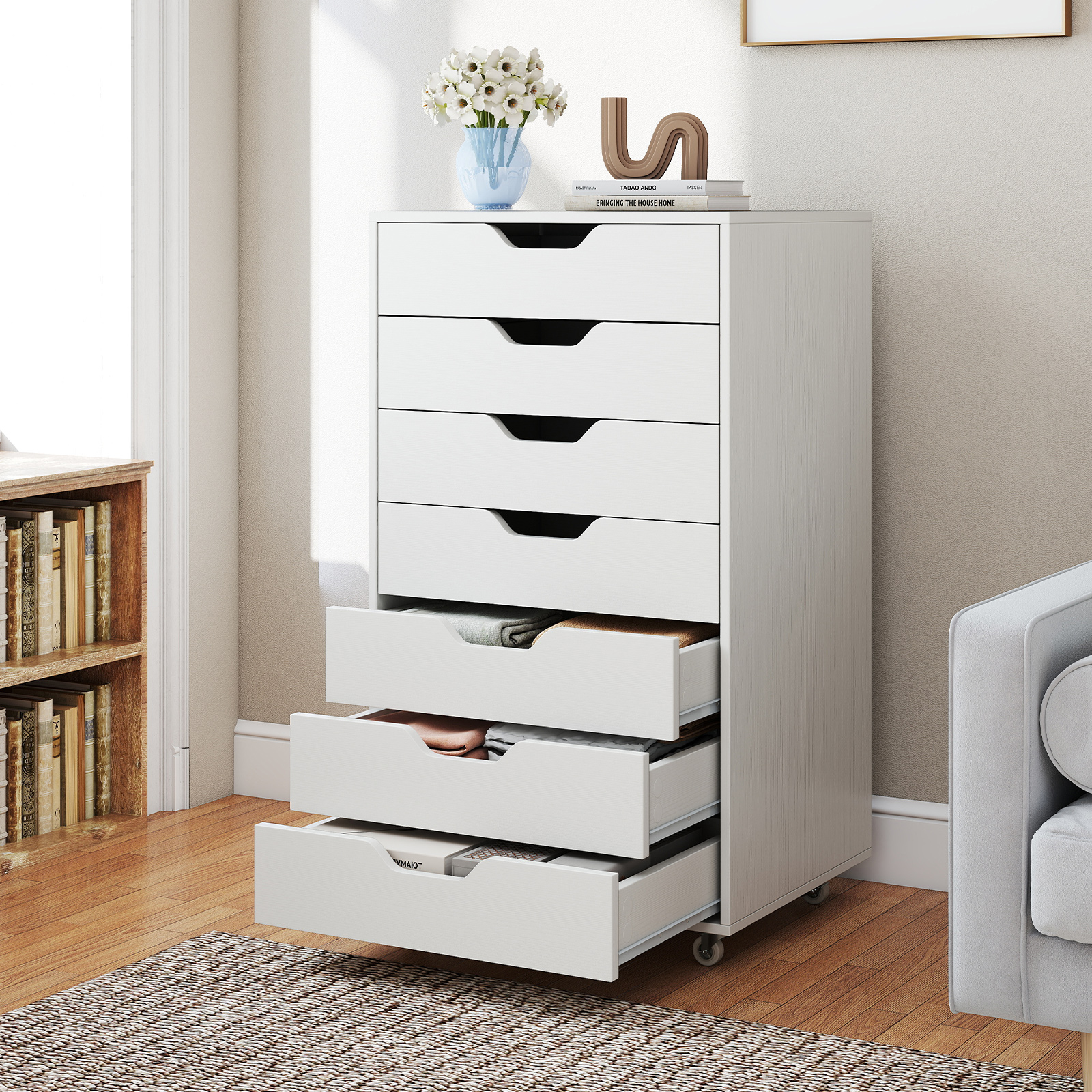 7-Drawer Chest Storage Dresser Floor Cabinet Organizer with Wheels-White - Image 5