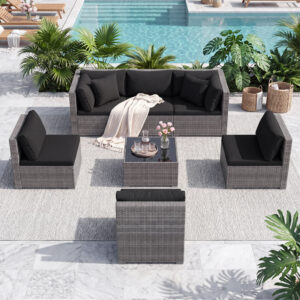 7 Pieces Patio Rattan Furniture Set with Sectional Sofa Cushioned-Black