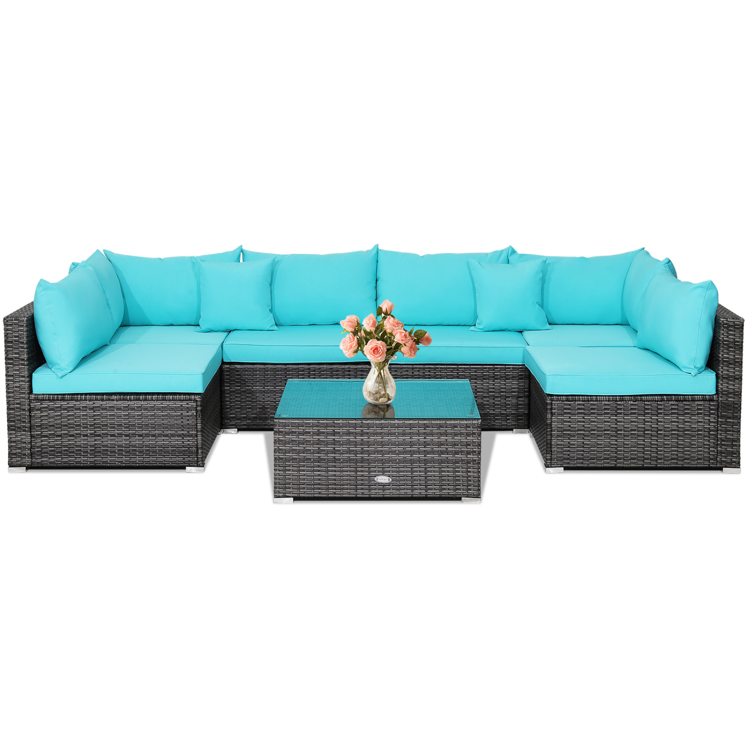 7 Pieces Patio Rattan Furniture Set with Sectional Sofa Cushioned-Turquoise - Image 3