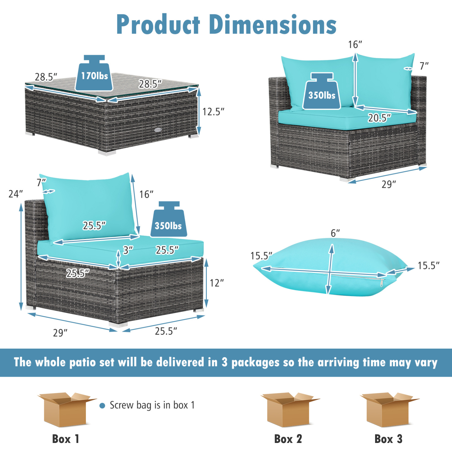 7 Pieces Patio Rattan Furniture Set with Sectional Sofa Cushioned-Turquoise - Image 4