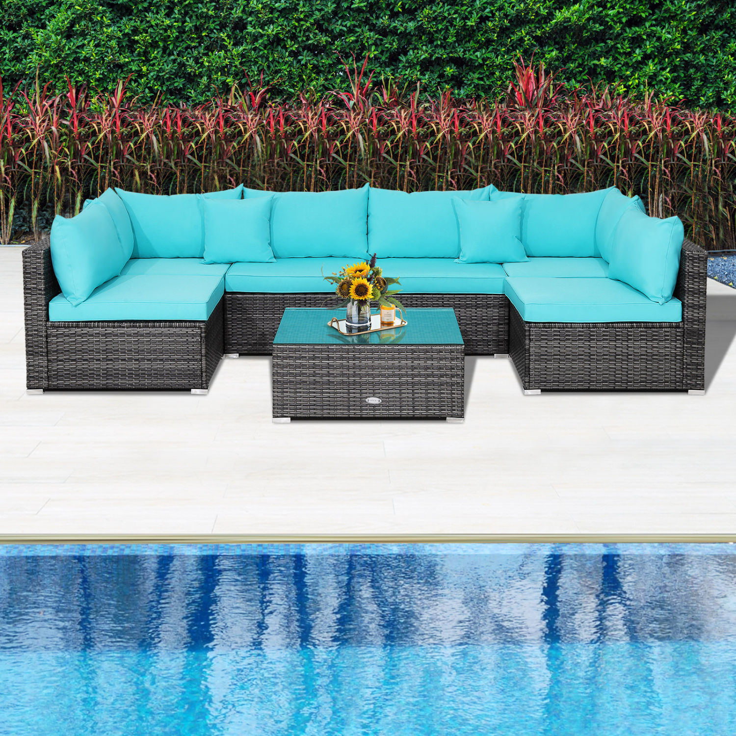 7 Pieces Patio Rattan Furniture Set with Sectional Sofa Cushioned-Turquoise - Image 5