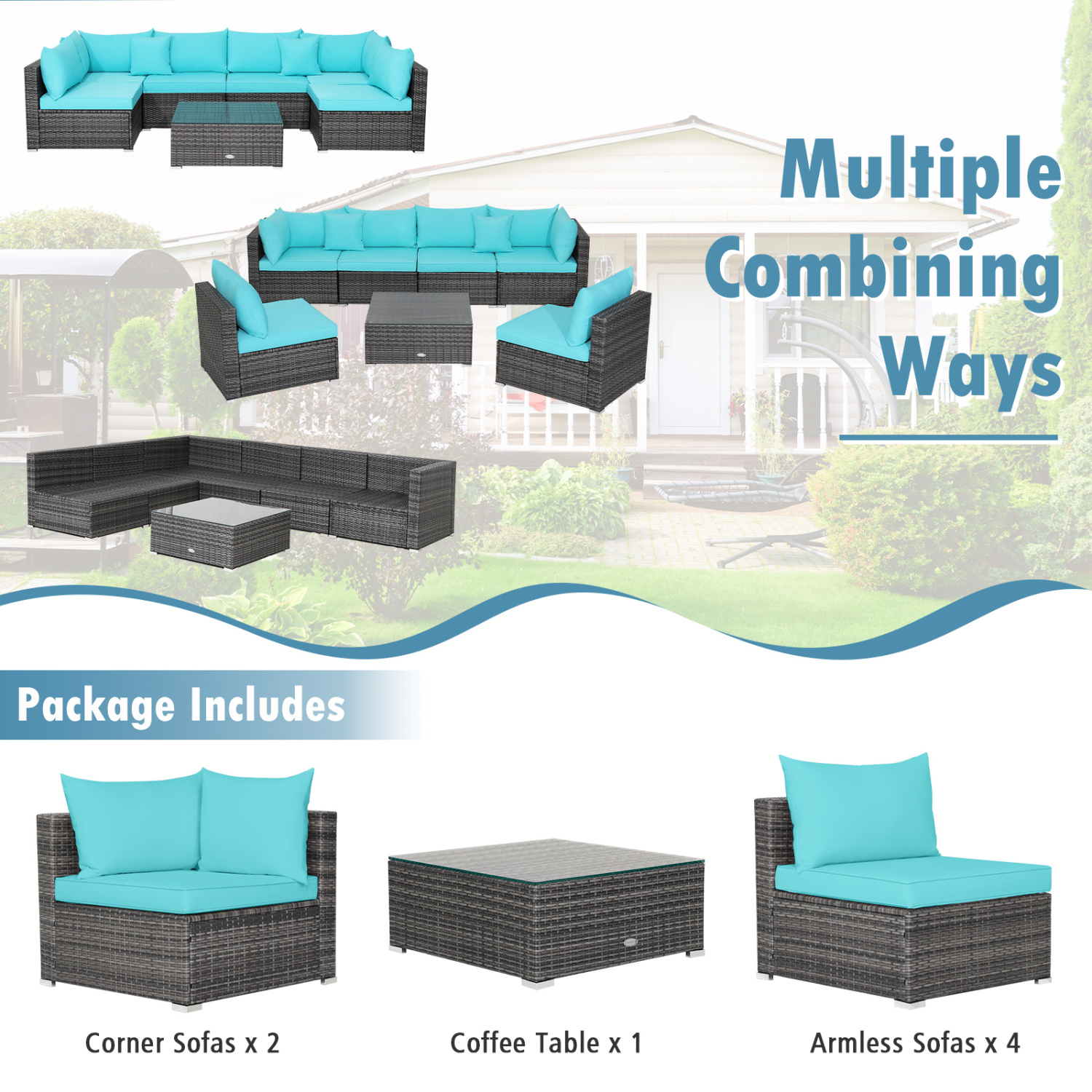 7 Pieces Patio Rattan Furniture Set with Sectional Sofa Cushioned-Turquoise - Image 6