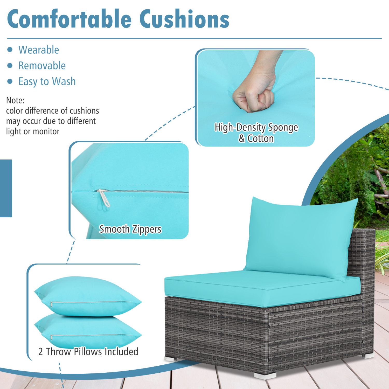 7 Pieces Patio Rattan Furniture Set with Sectional Sofa Cushioned-Turquoise - Image 7