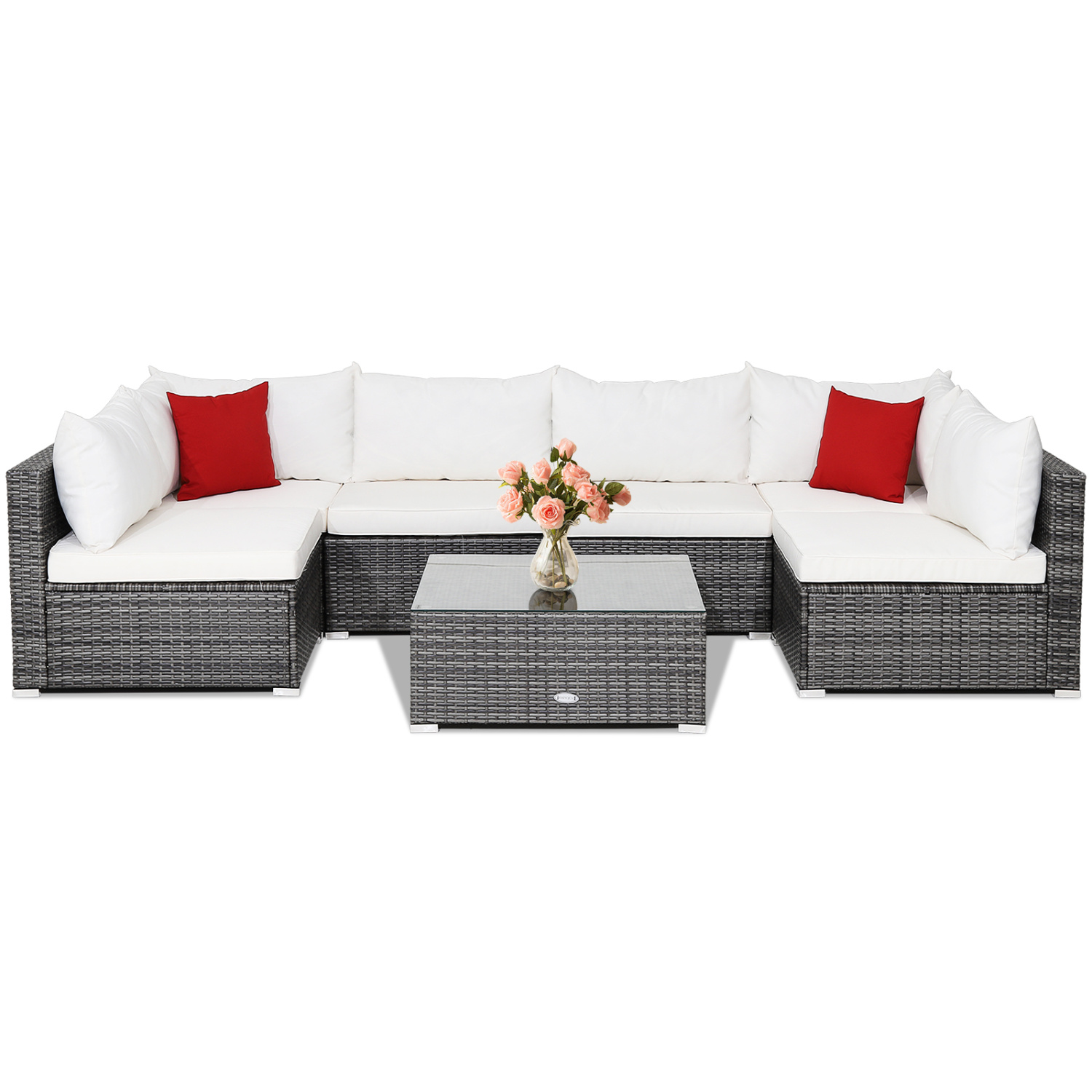 7 Pieces Patio Rattan Furniture Set Sectional Sofa Garden Cushion-White - Image 2