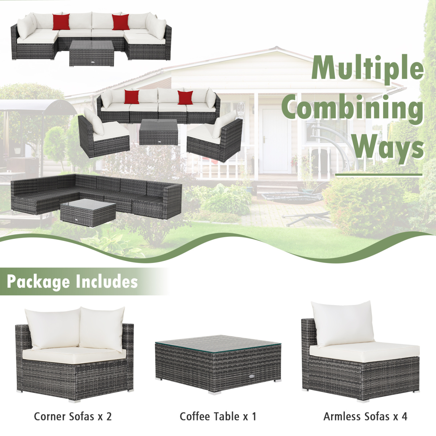 7 Pieces Patio Rattan Furniture Set Sectional Sofa Garden Cushion-White - Image 4