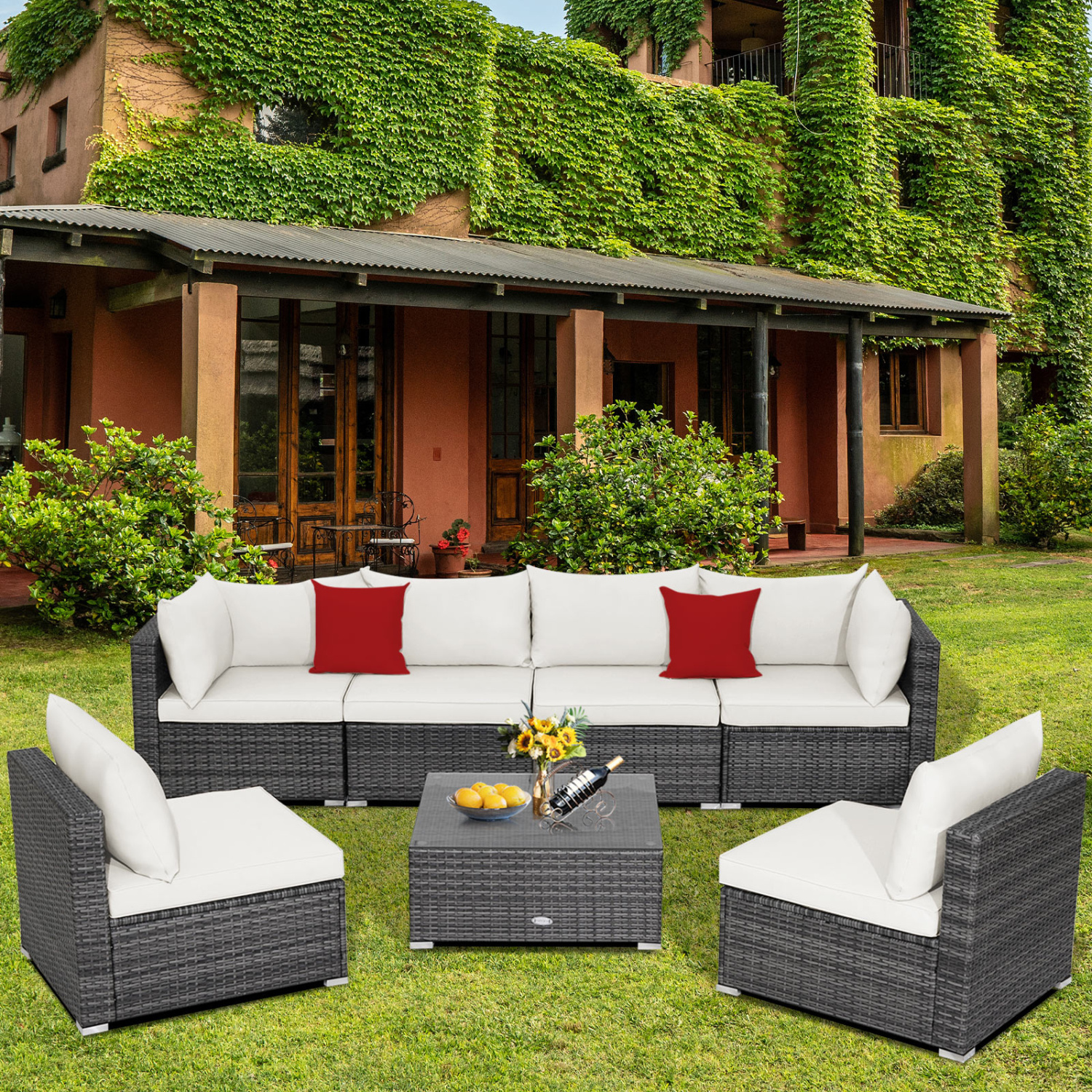 7 Pieces Patio Rattan Furniture Set Sectional Sofa Garden Cushion-White - Image 5