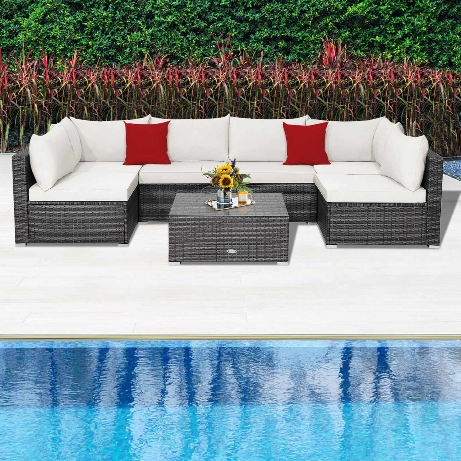 7 Pieces Patio Rattan Furniture Set Sectional Sofa Garden Cushion-White - Image 6