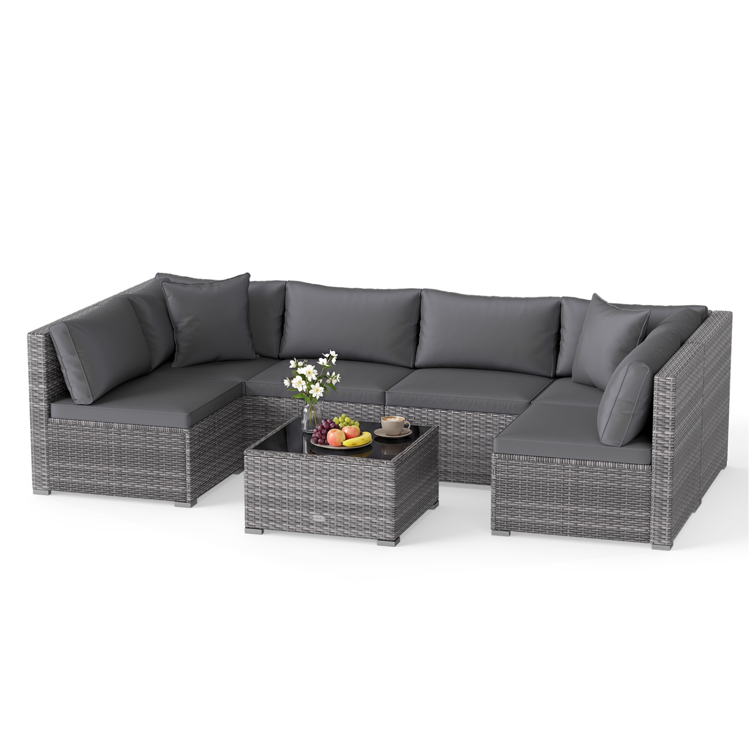 7 Pieces Patio Rattan Furniture Set Sectional Sofa Garden Cushion-Gray - Image 3