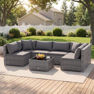 7 Pieces Patio Rattan Furniture Set Sectional Sofa Garden Cushion-Gray