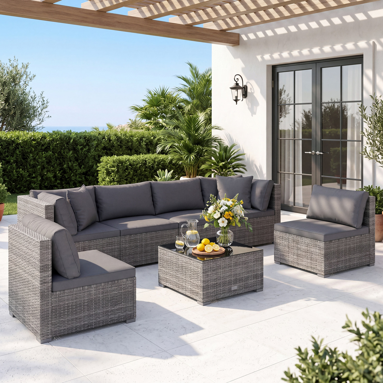 7 Pieces Patio Rattan Furniture Set Sectional Sofa Garden Cushion-Gray - Image 5