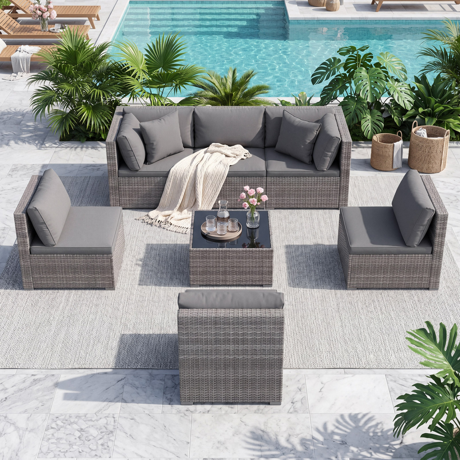 7 Pieces Patio Rattan Furniture Set Sectional Sofa Garden Cushion-Gray - Image 6