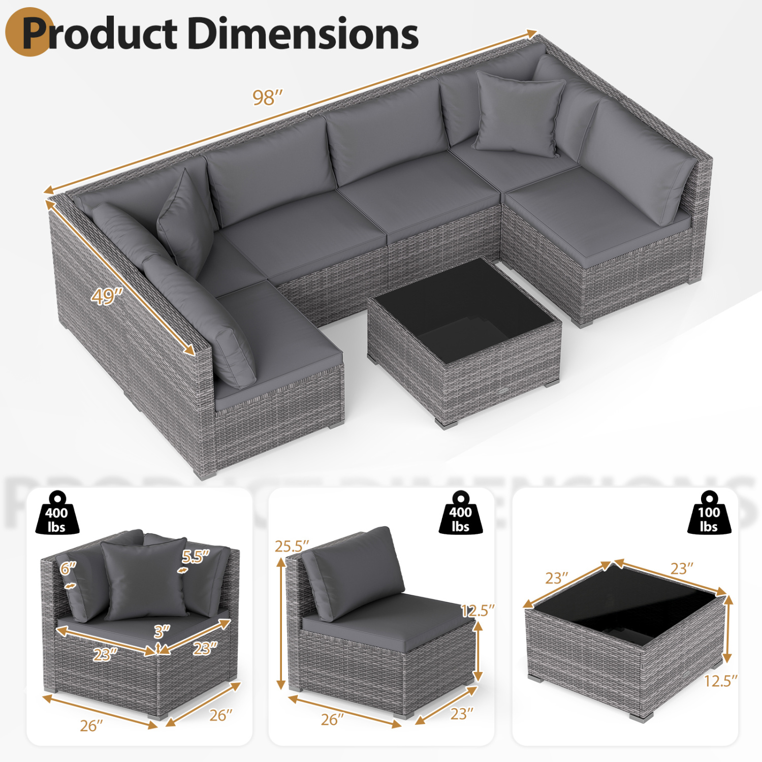 7 Pieces Patio Rattan Furniture Set Sectional Sofa Garden Cushion-Gray - Image 4