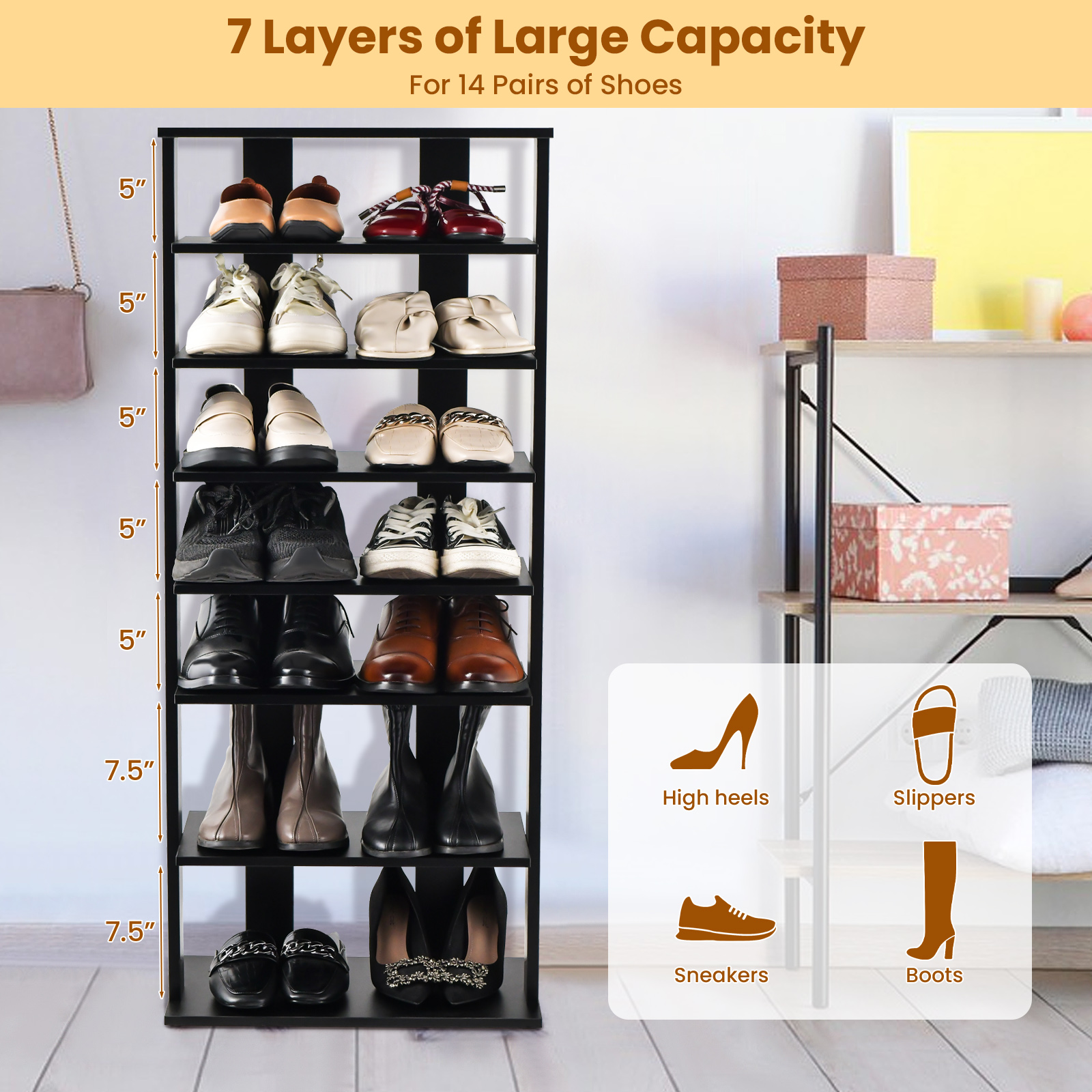 7-Tier Dual Shoe Rack Free Standing Shelves Storage Shelves Concise-Black - Image 5