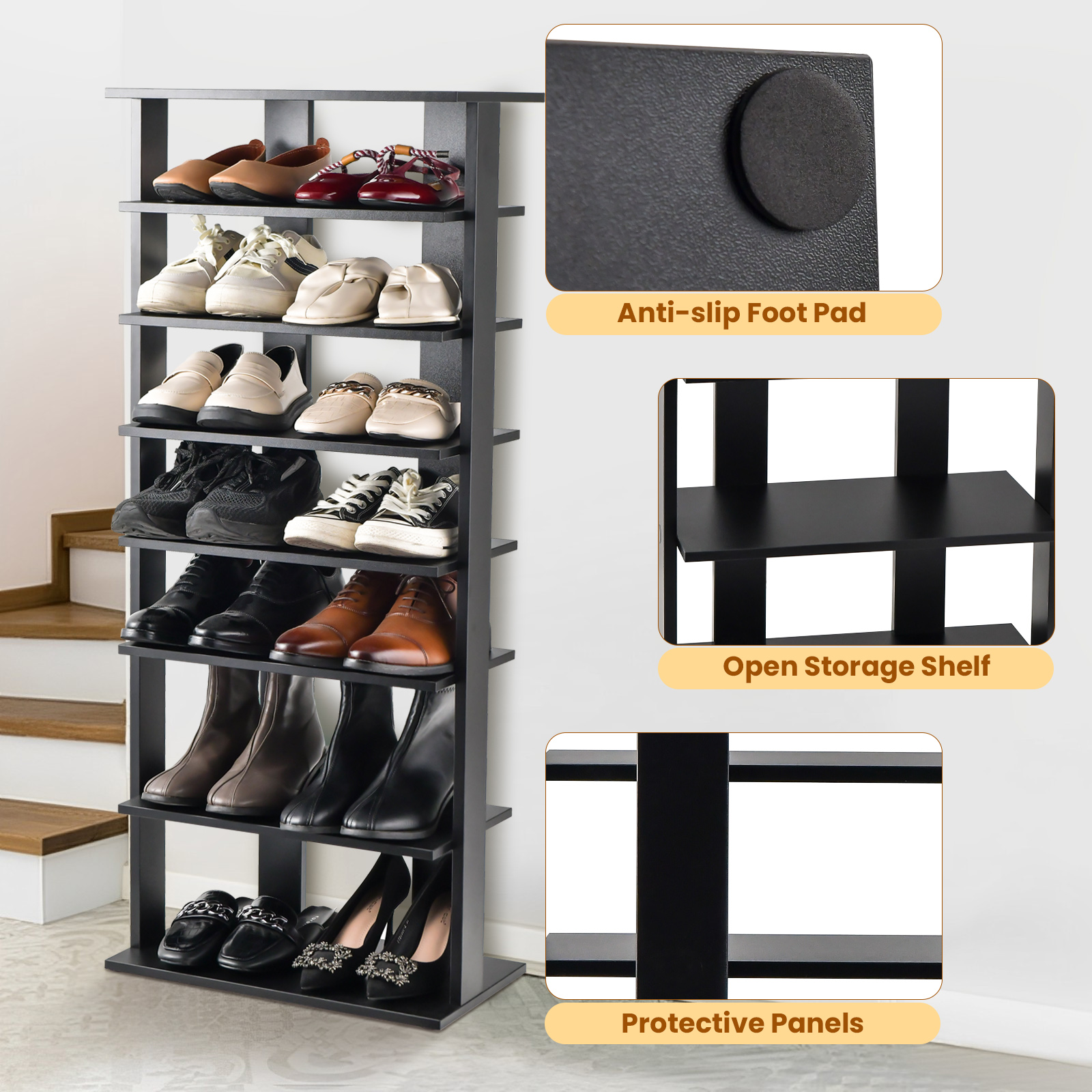 7-Tier Dual Shoe Rack Free Standing Shelves Storage Shelves Concise-Black - Image 7