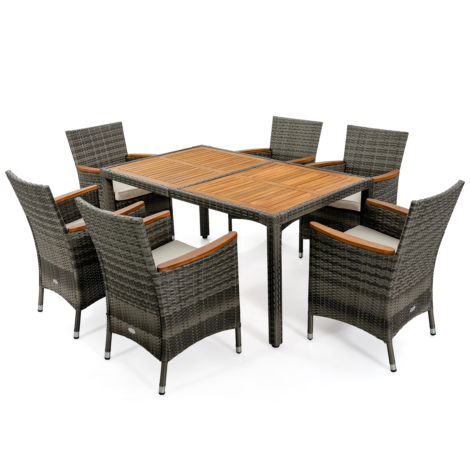 7 Pieces Patio Acacia Wood Cushioned PE Rattan Wicker Dining Set - Image 2