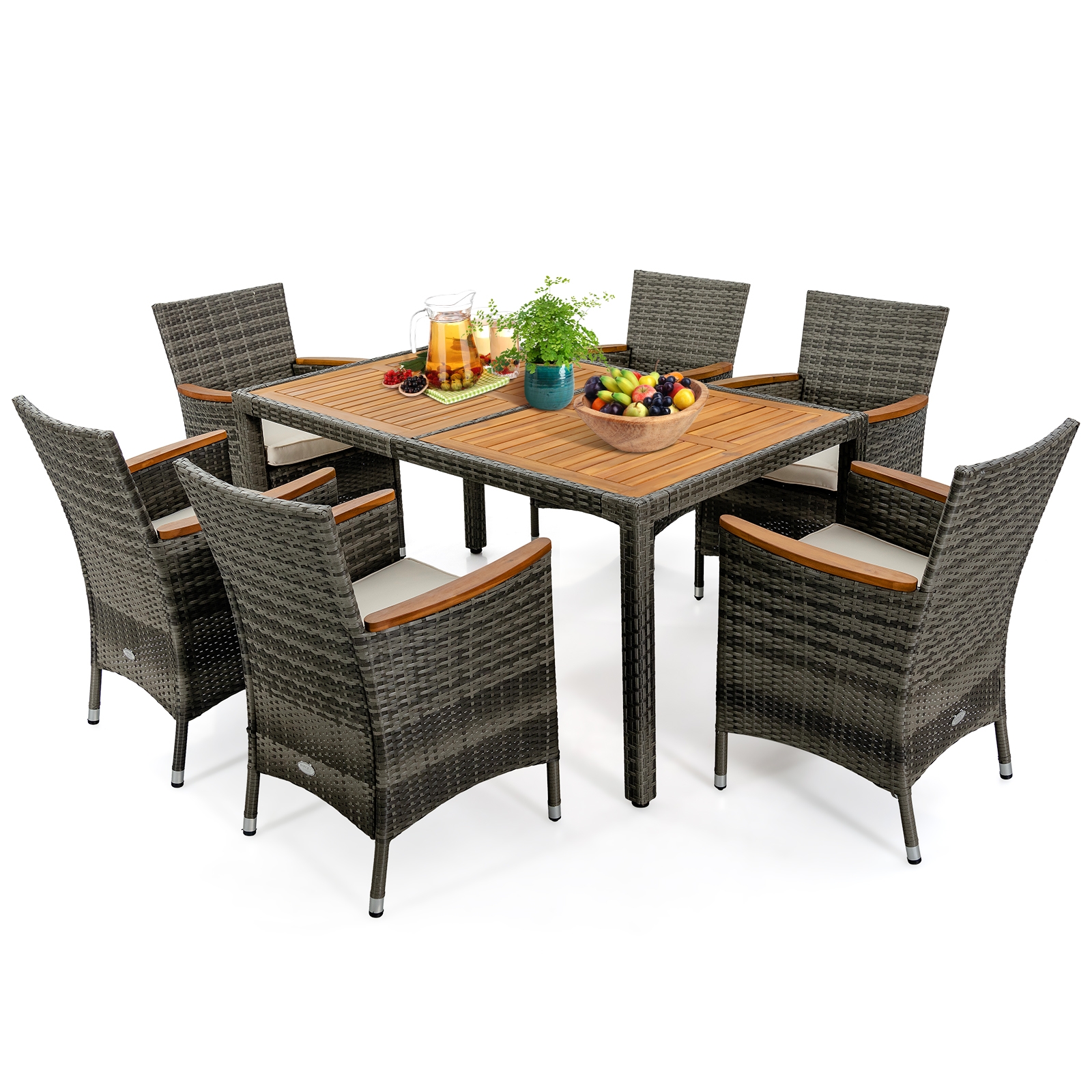 7 Pieces Patio Acacia Wood Cushioned PE Rattan Wicker Dining Set - Image 3