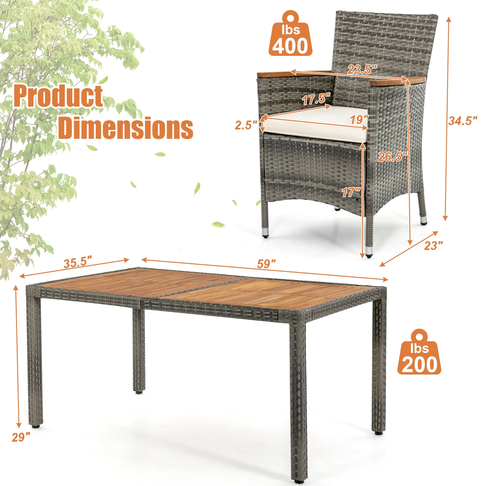 7 Pieces Patio Acacia Wood Cushioned PE Rattan Wicker Dining Set - Image 4