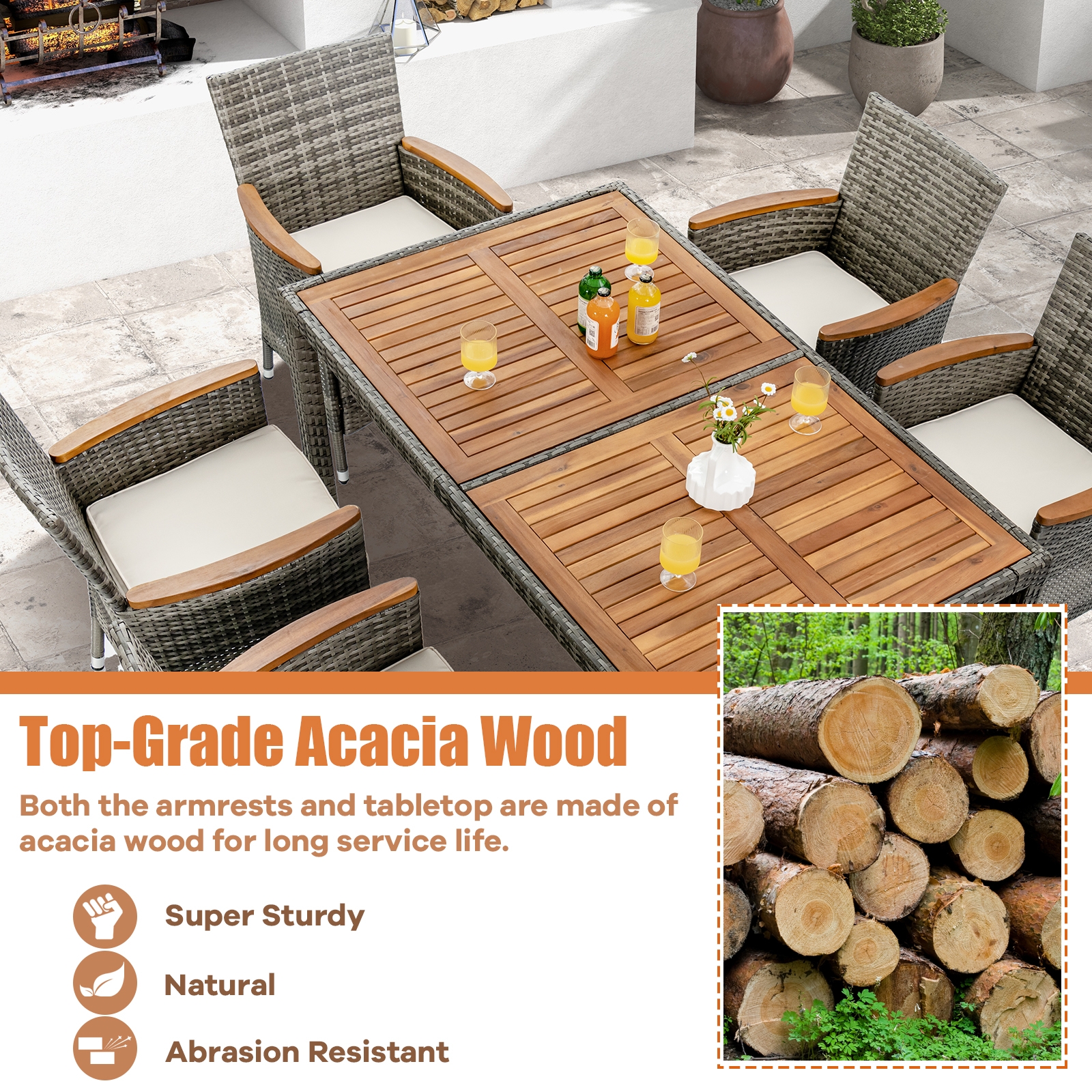 7 Pieces Patio Acacia Wood Cushioned PE Rattan Wicker Dining Set - Image 5