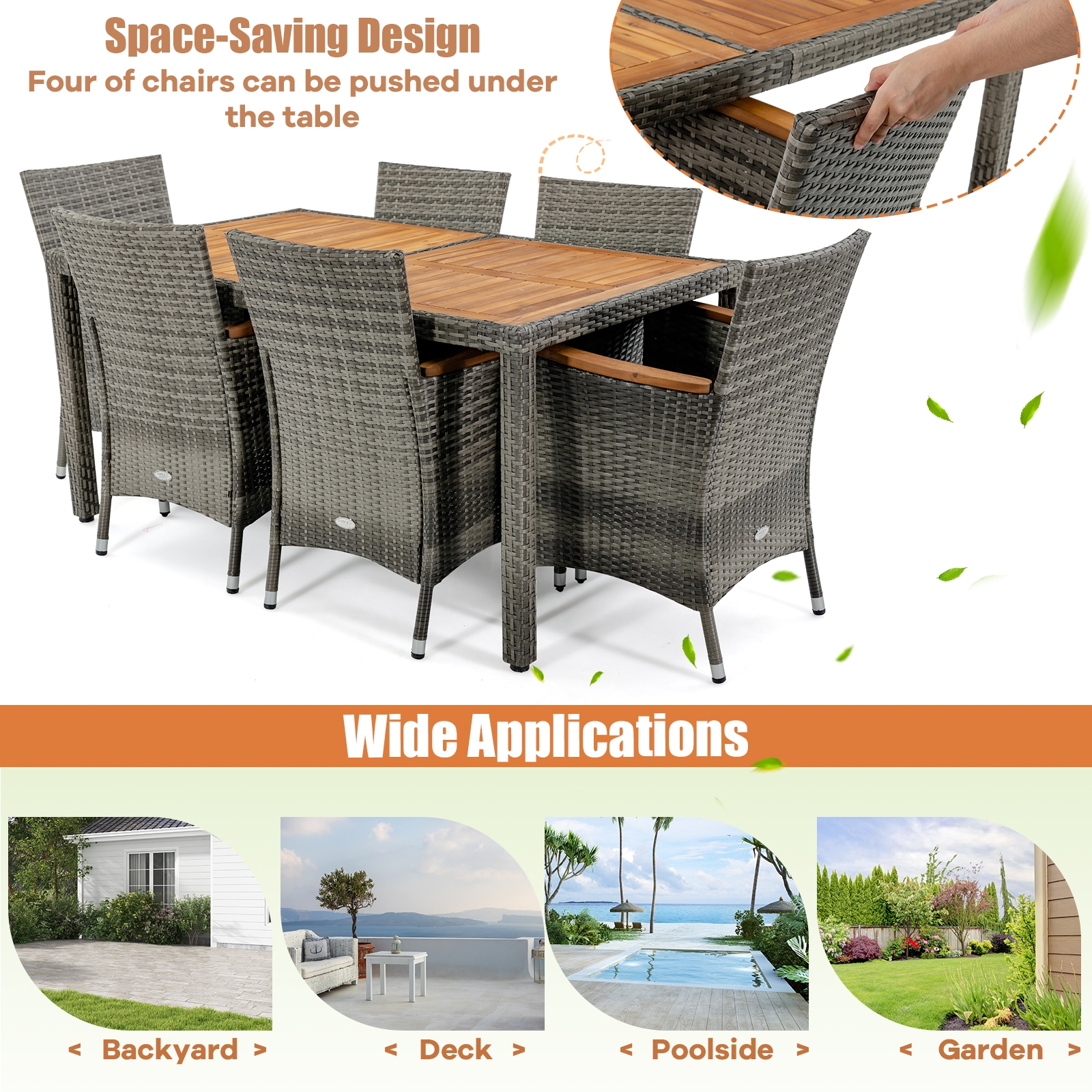 7 Pieces Patio Acacia Wood Cushioned PE Rattan Wicker Dining Set - Image 6