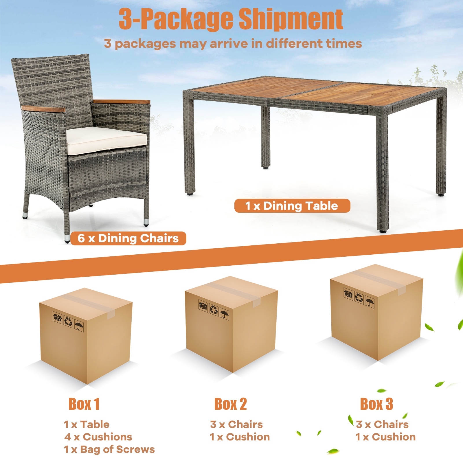 7 Pieces Patio Acacia Wood Cushioned PE Rattan Wicker Dining Set - Image 7