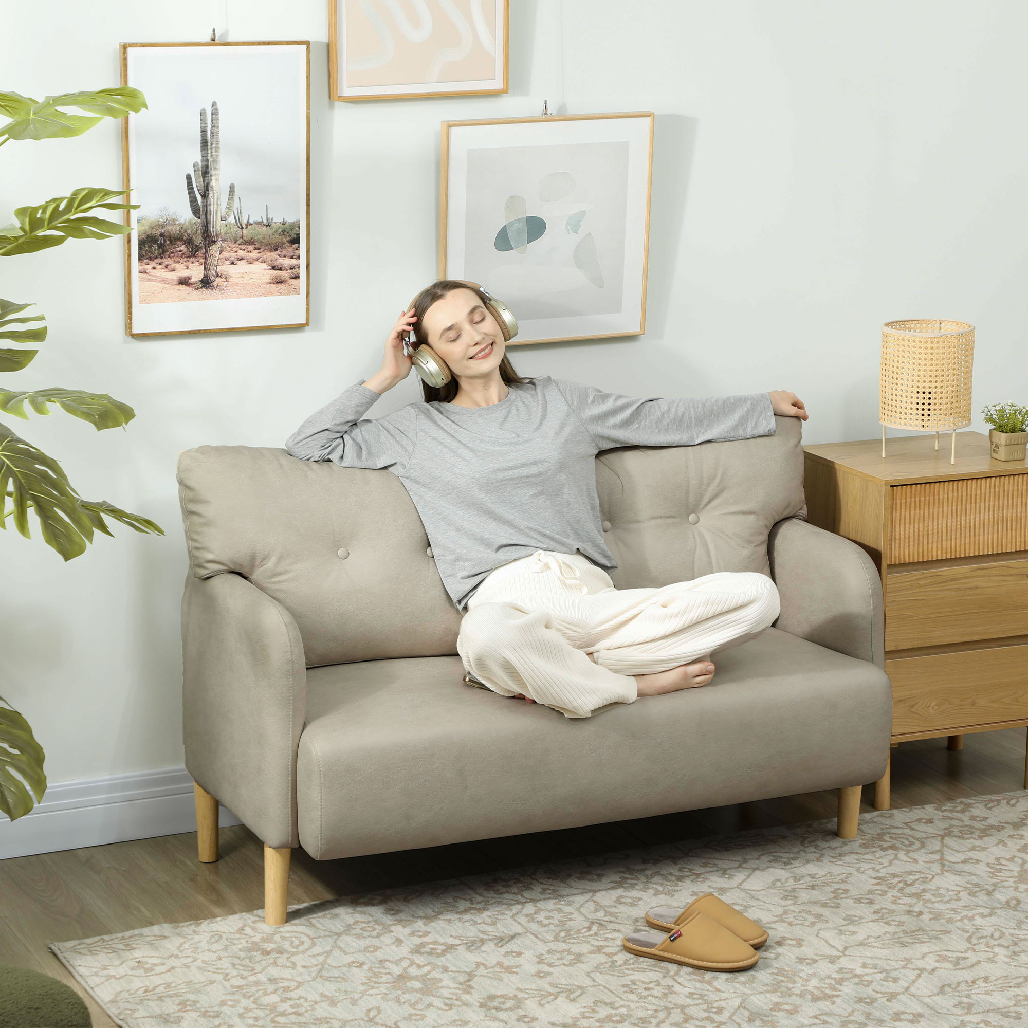 58" 2 Seat Sofa, Modern Love Seats Furniture, Upholstered 2 Seater Couch, Solid Wood Frame, Beige - Image 5