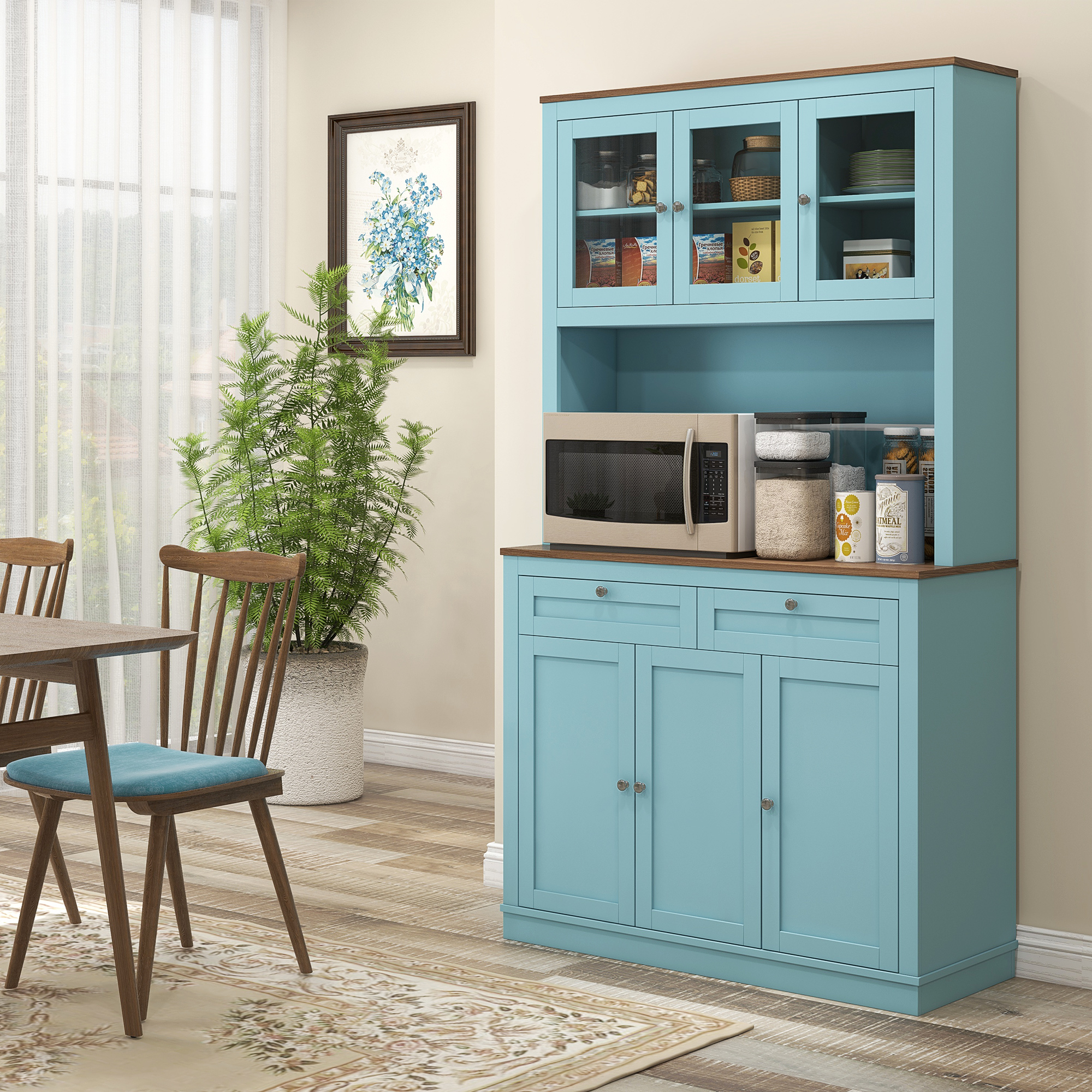 71" Pantry Cabinet with Microwave Space, Buffet with Hutch, 2 Drawers, Adjustable Shelves and Glass Doors, Blue - Image 6
