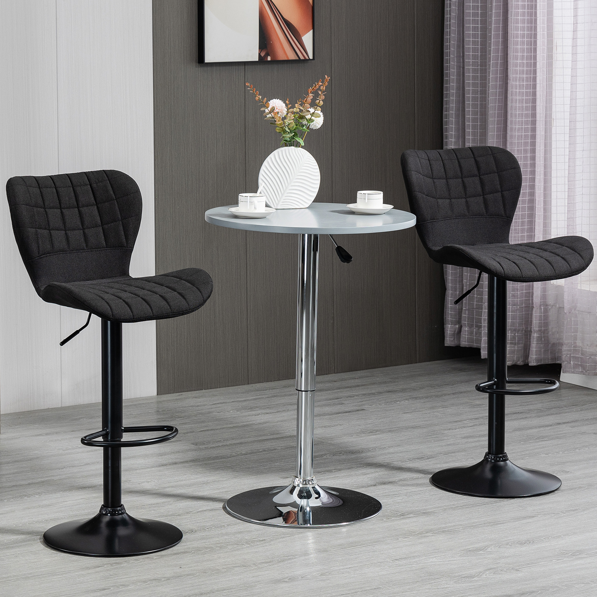 Bar Stools Set of 2, Adjustable Height Swivel Bar Chairs, Linen-feel Fabric Upholstered Kitchen Counter Stools with Wide Seat, Back and Footrest, Black - Image 6