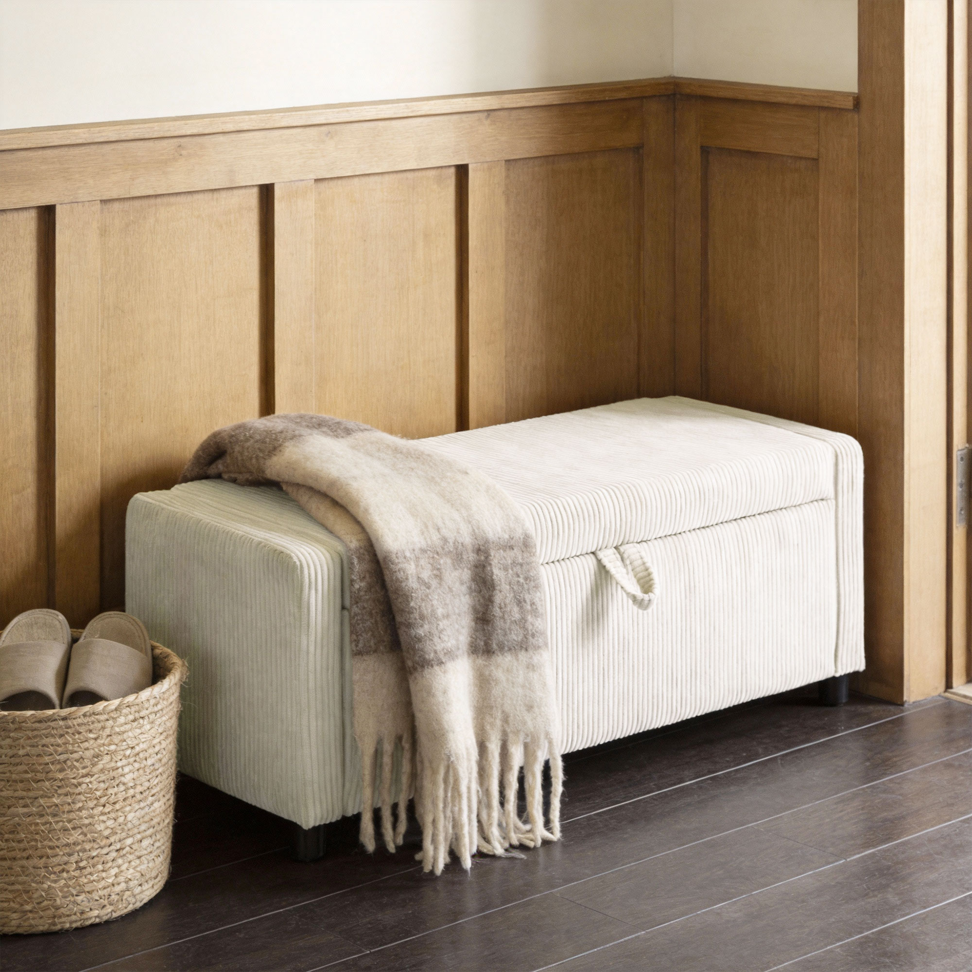 Storage Ottoman, Upholstered Corduroy End of Bed Bench with Thick Padding, Storage Bench for Bedroom, Beige - Image 5