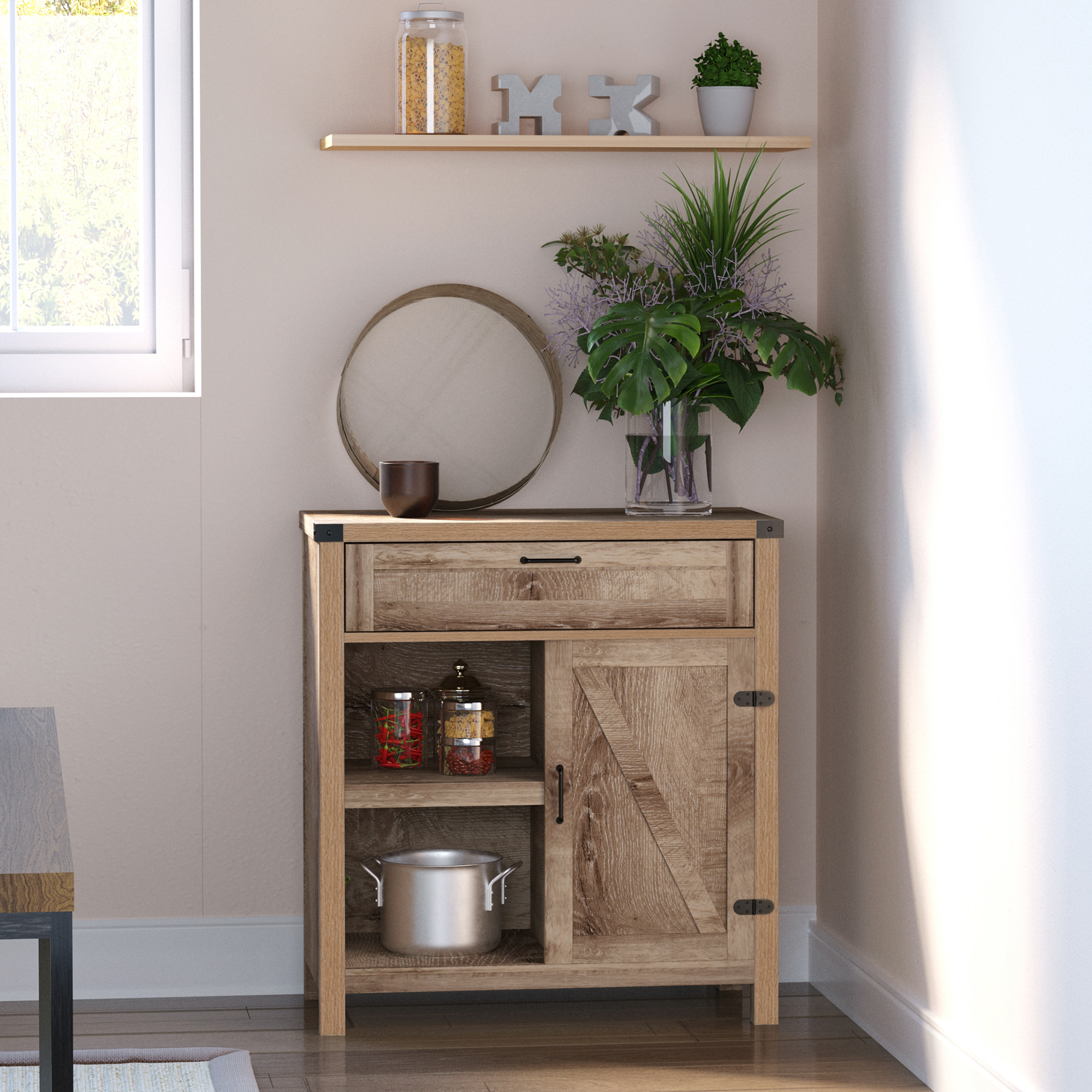 Rustic Barn Door Storage Cabinet Modern Farmhouse Buffet Sideboard for Kitchen and Dining Room, Light Oak - Image 5