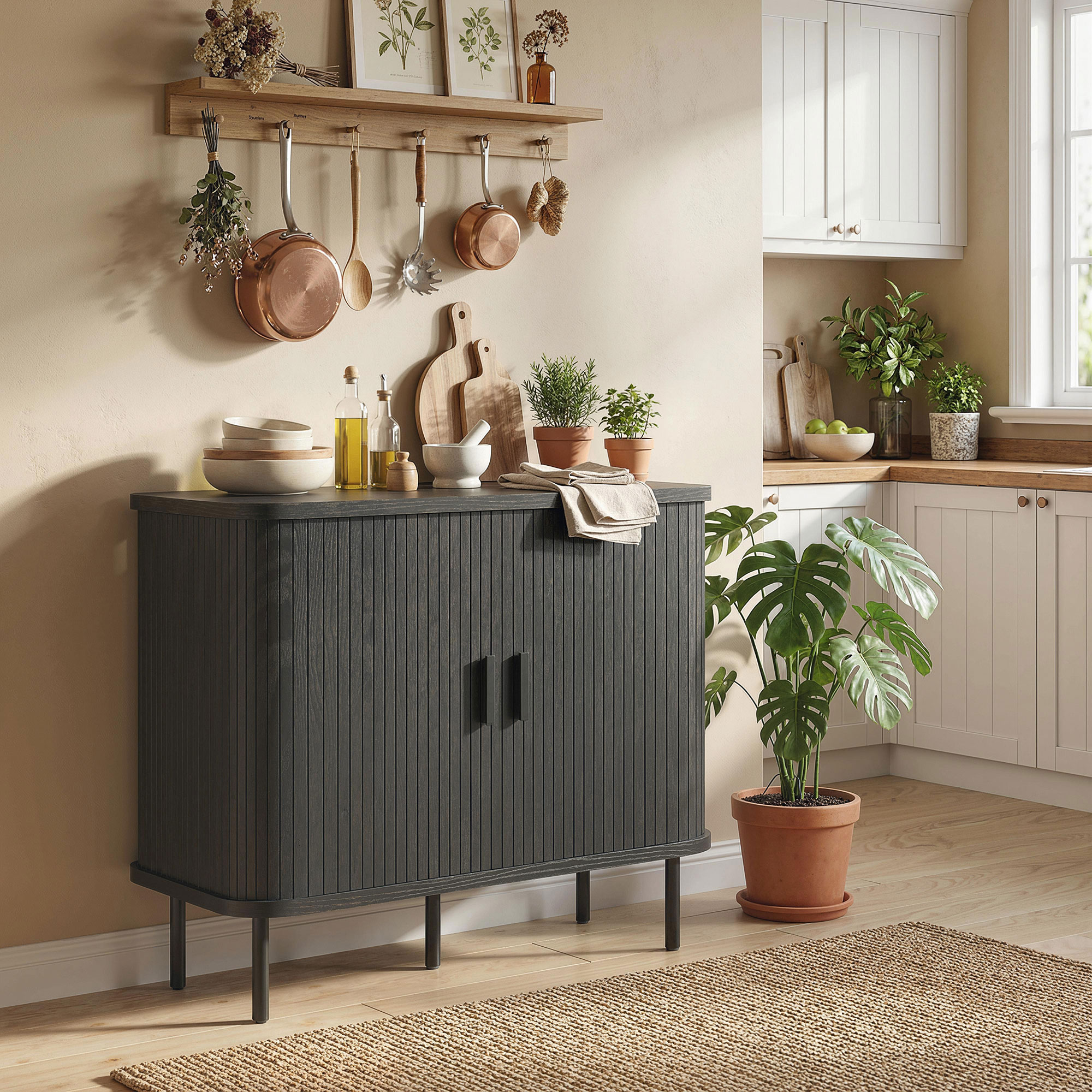 35.4" Sideboard Buffet Cabinet with Storage, Nordic Coffee Bar Cabinet with Slatted Tambour Doors and Metal Legs, Black - Image 6
