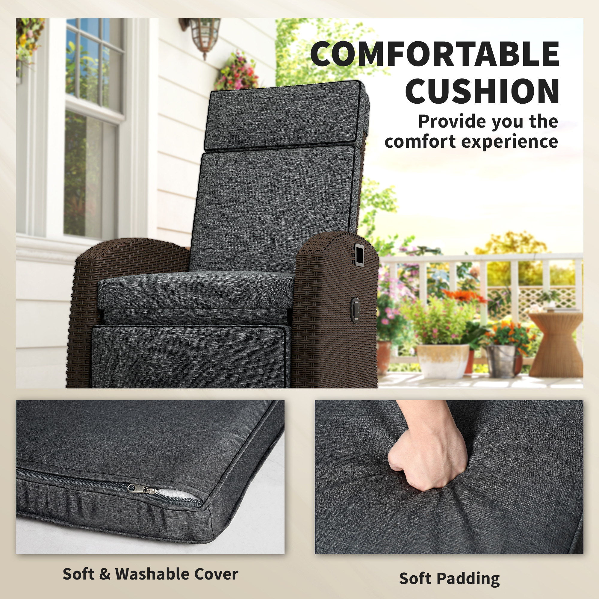 Outdoor Recliner Chair with Adjustable Backrest, Cushion, Side Tray, Dark Grey - Image 5