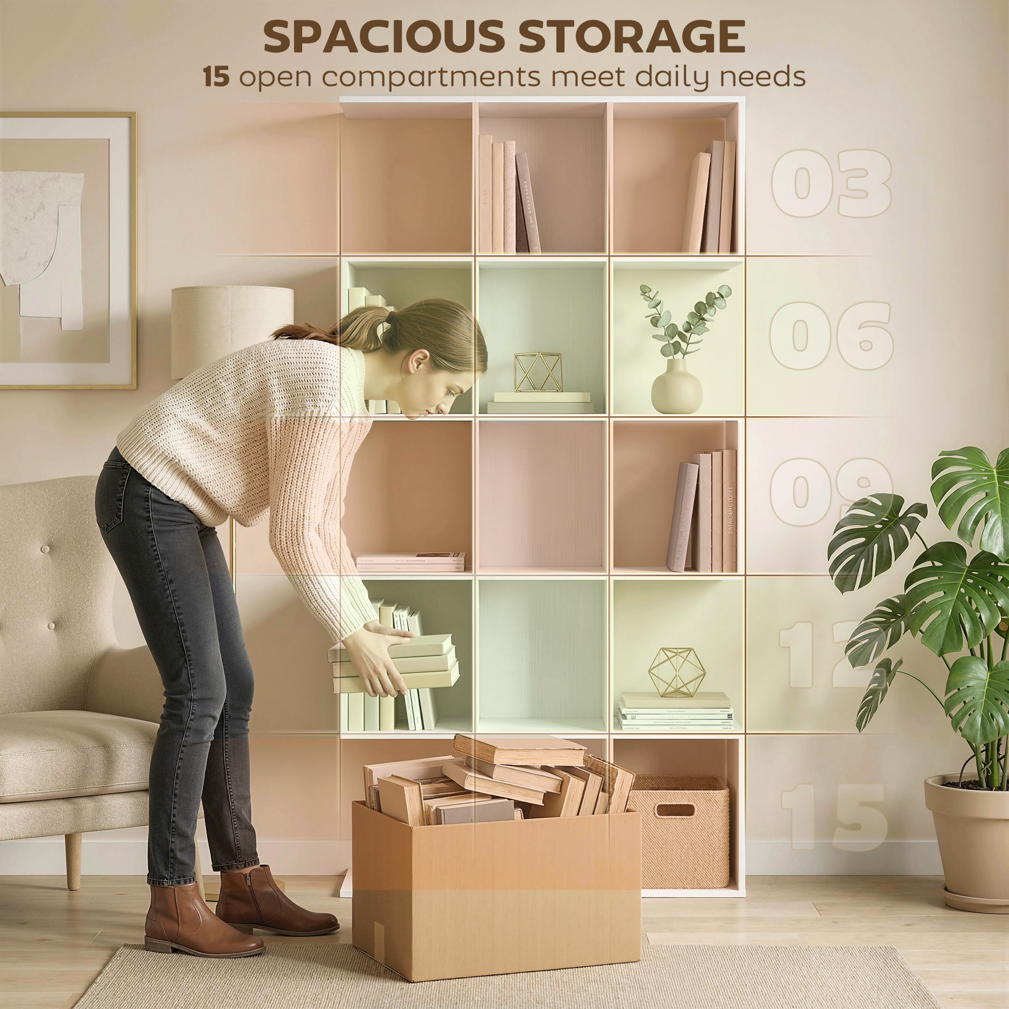 5-Tier Bookshelf, S Shaped Geometric Bookcase with 15 Compartments, White Wood Grain - Image 3