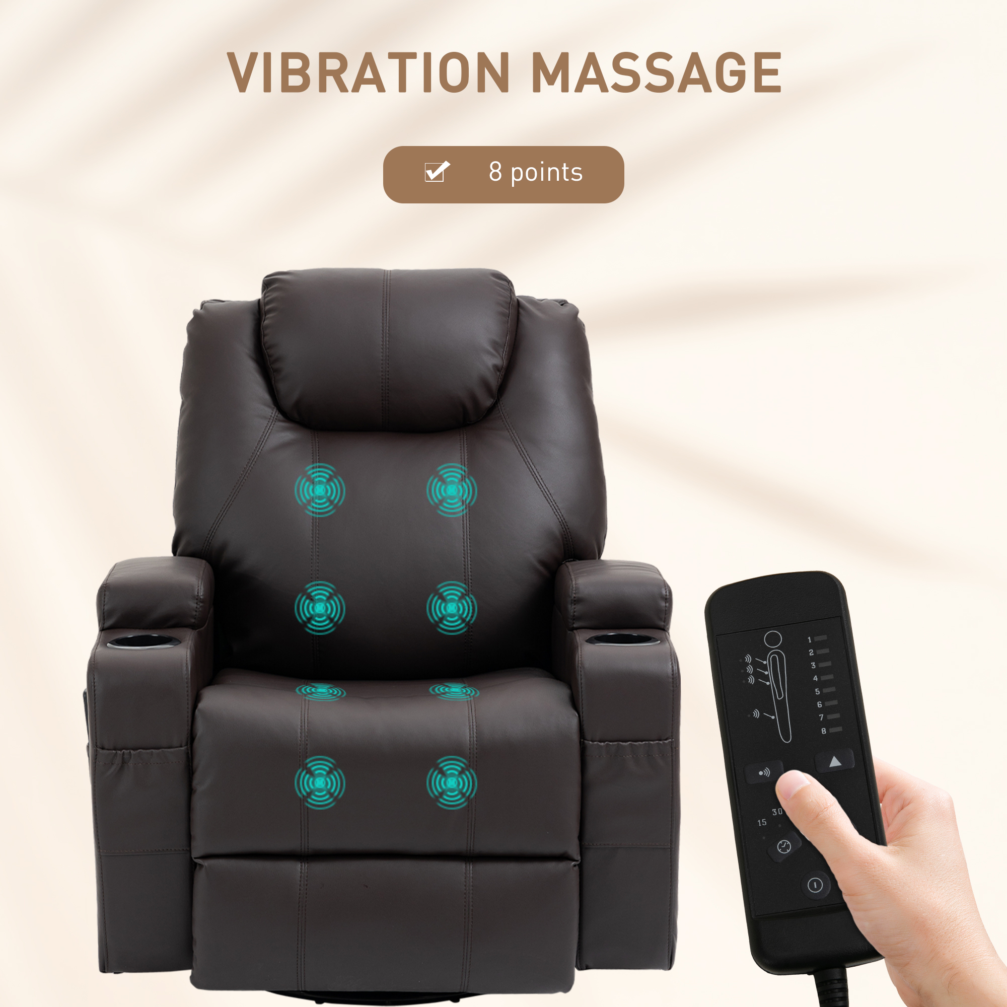 Massage Recliner Chair, Swivel Nursery Rocker Chair, Manual Reclining Sofa with 8 Vibration Points, PU Leather, Cup Holders, Side Pockets, for Living Room, Brown - Image 2
