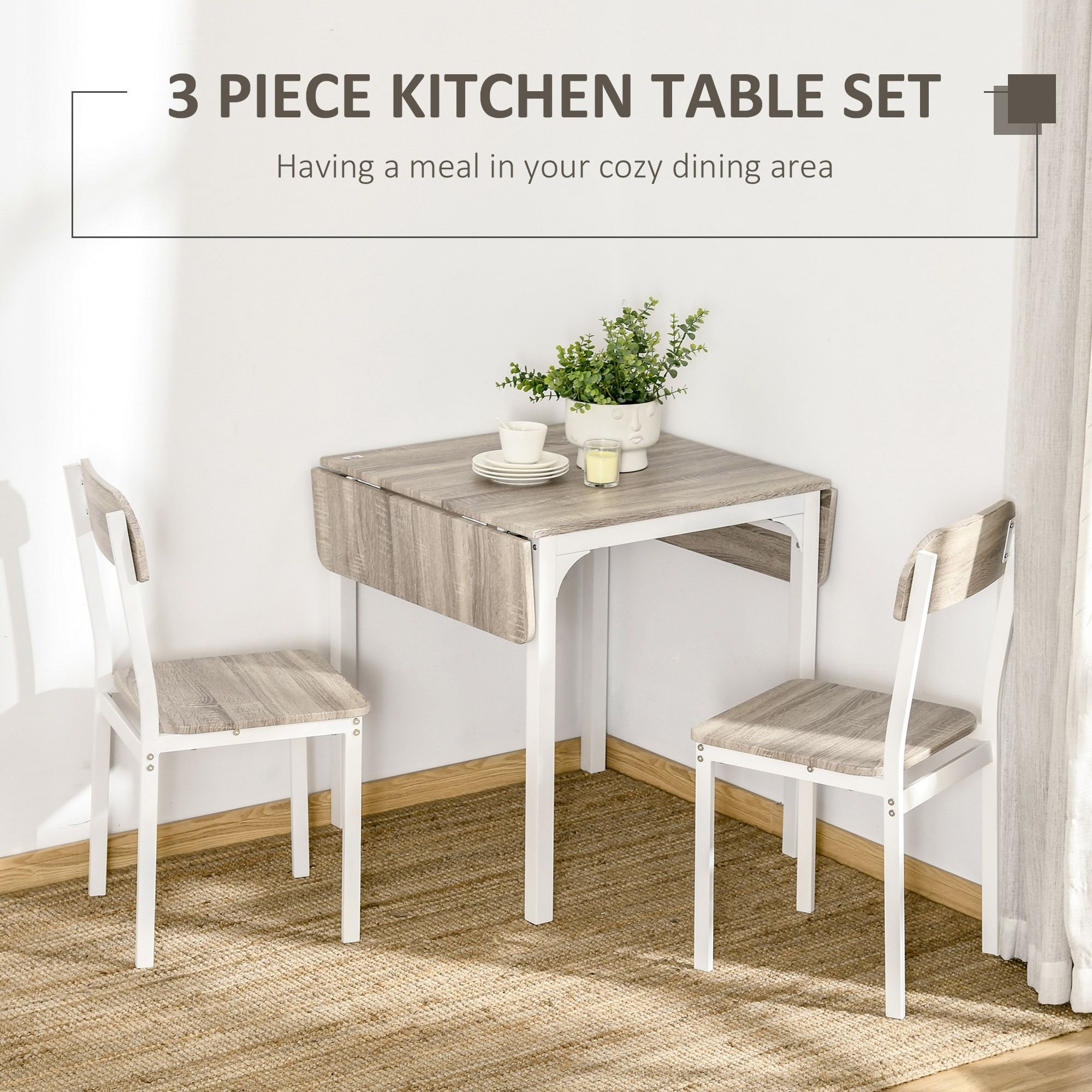Foldable Dining Table Set for 2, Drop-Leaf Kitchen Table with 2 Chairs for Apartments, Studios, Natural Drop-leaf Dining Table Set Includes 2 Chairs - Image 2