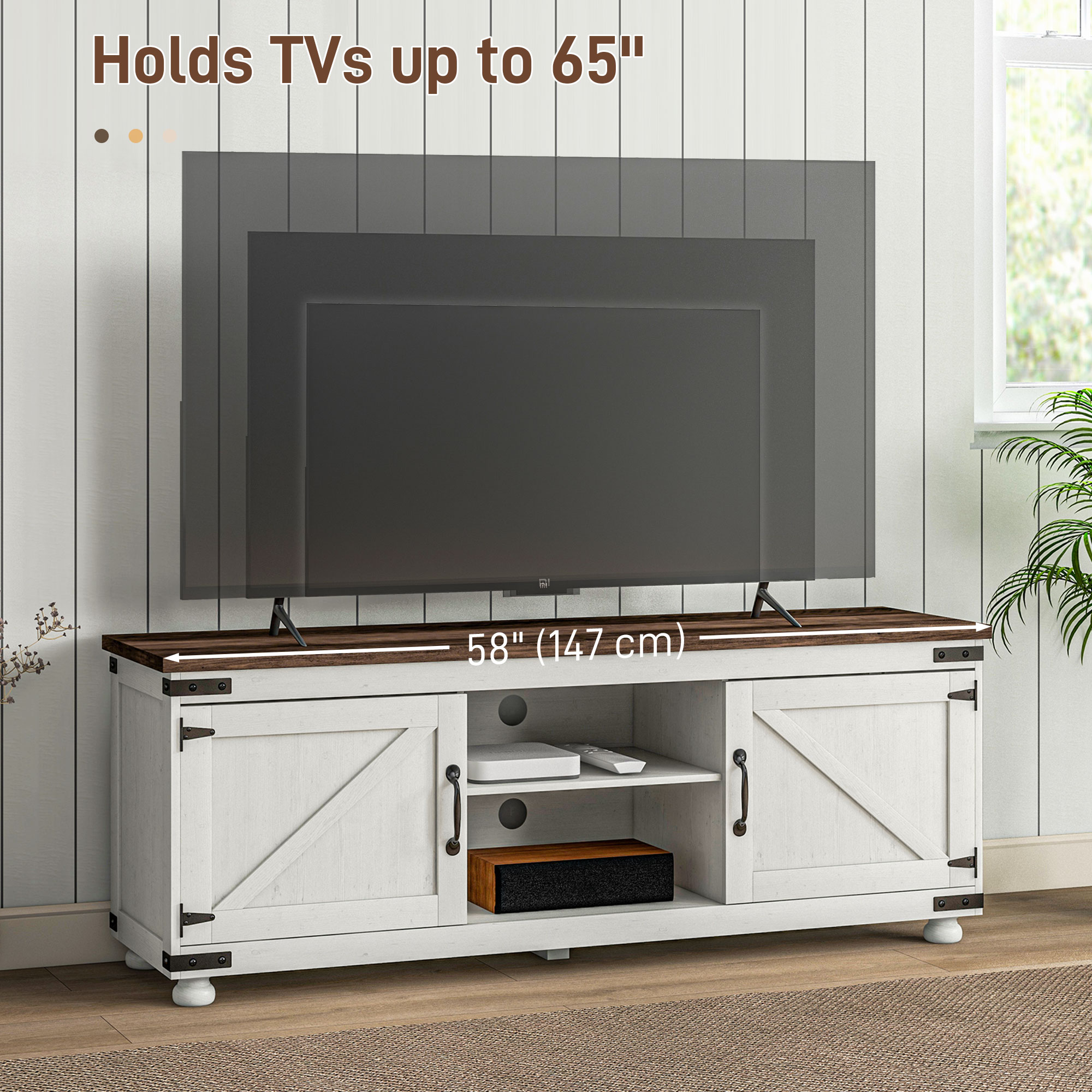 Farmhouse TV Stand Small Minimalist Barn Doors Cable Management for 65" TV Small Space Apartment Distressed White - Image 4