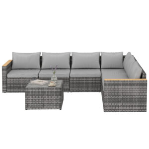 7 Piece Patio Furniture Set, L-Shaped Wicker Outdoor Sectional Sofa with Faux Wood Coffee Table, Cushions, Light Grey