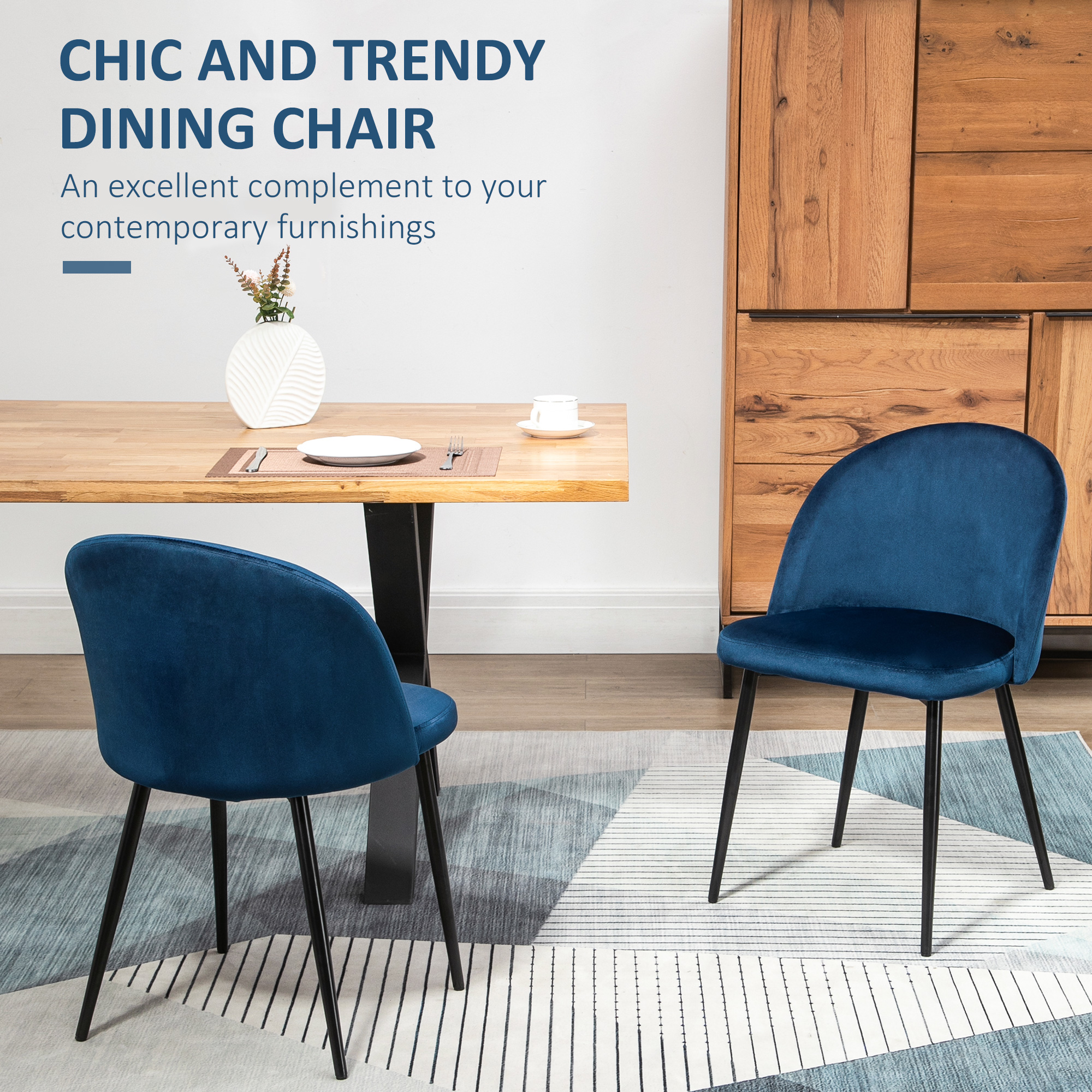 Set of 2 Mid-Back Dining Chair, Mid-Back Velvet-touch Upholstery Kitchen Chair for Living Room Dining Room, Dark Blue - Image 2