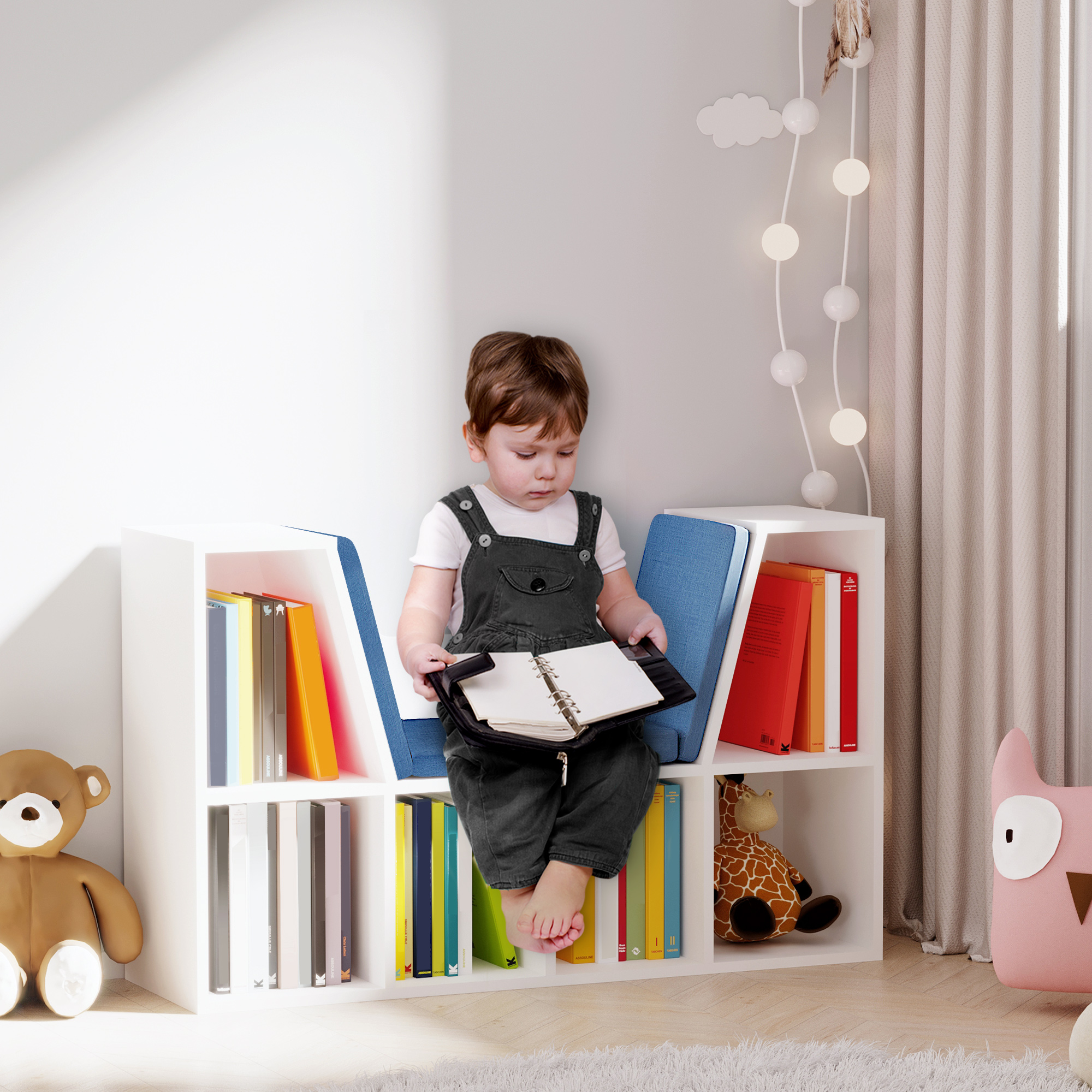 6-Cubby Bookcase with Seat Cushion, Cube Storage Shelf with Reading Nook for Home Office, Study, Blue - Image 2
