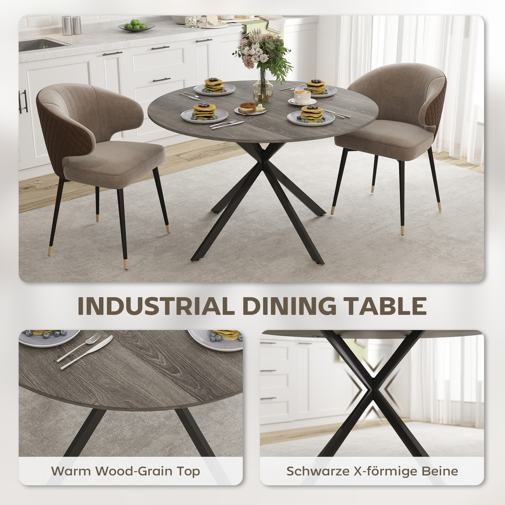 47" Round Kitchen Table for 4, Industrial Dining Table with Steel Legs for Dining Room, Grey Wood Grain and Black - Image 2