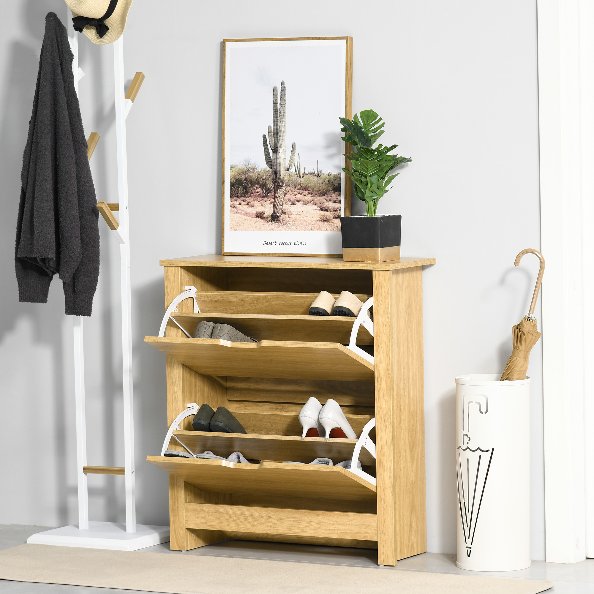Shoe Storage Cabinet with 2 Flip Drawers and Adjustable Shelves for 8–12 Pairs of Shoes, Natural Wood - Image 5